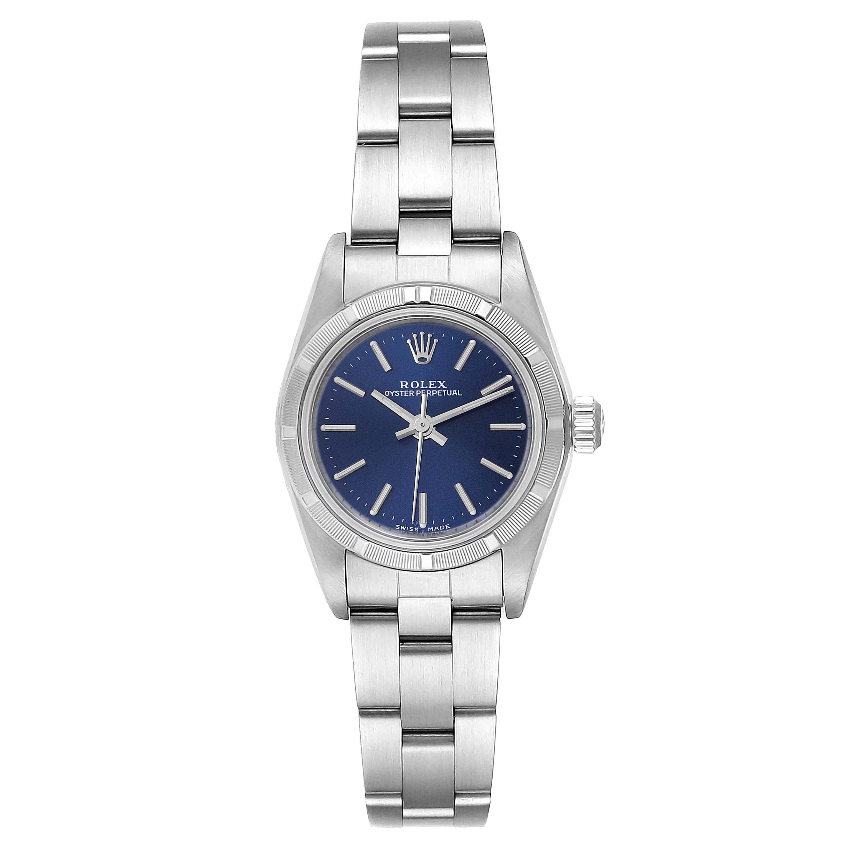 The image shows a front view of a Rolex Oyster Perpetual 76030 Women
s Stainless Steel Blue Dial 76030 Women
s Stainless Steel Blue Dial watch, displaying its face, hands, bezel, and bracelet.