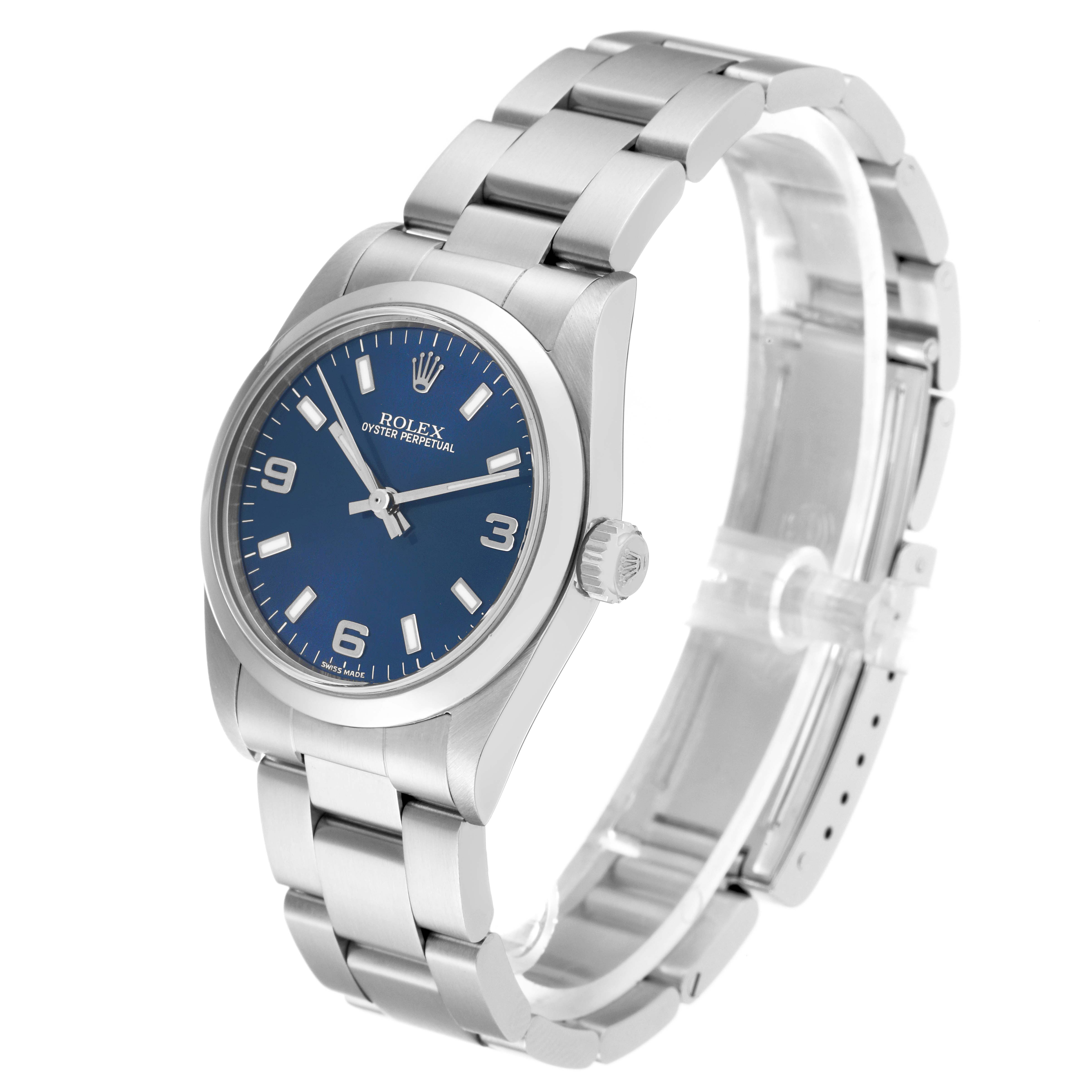 This image shows a side angle of a Rolex Mid-Size 77080 Women
s Stainless Steel Blue Dial 77080 Women
s Stainless Steel Blue Dial Oyster Perpetual watch, highlighting the blue dial, crown, and stainless steel bracelet.