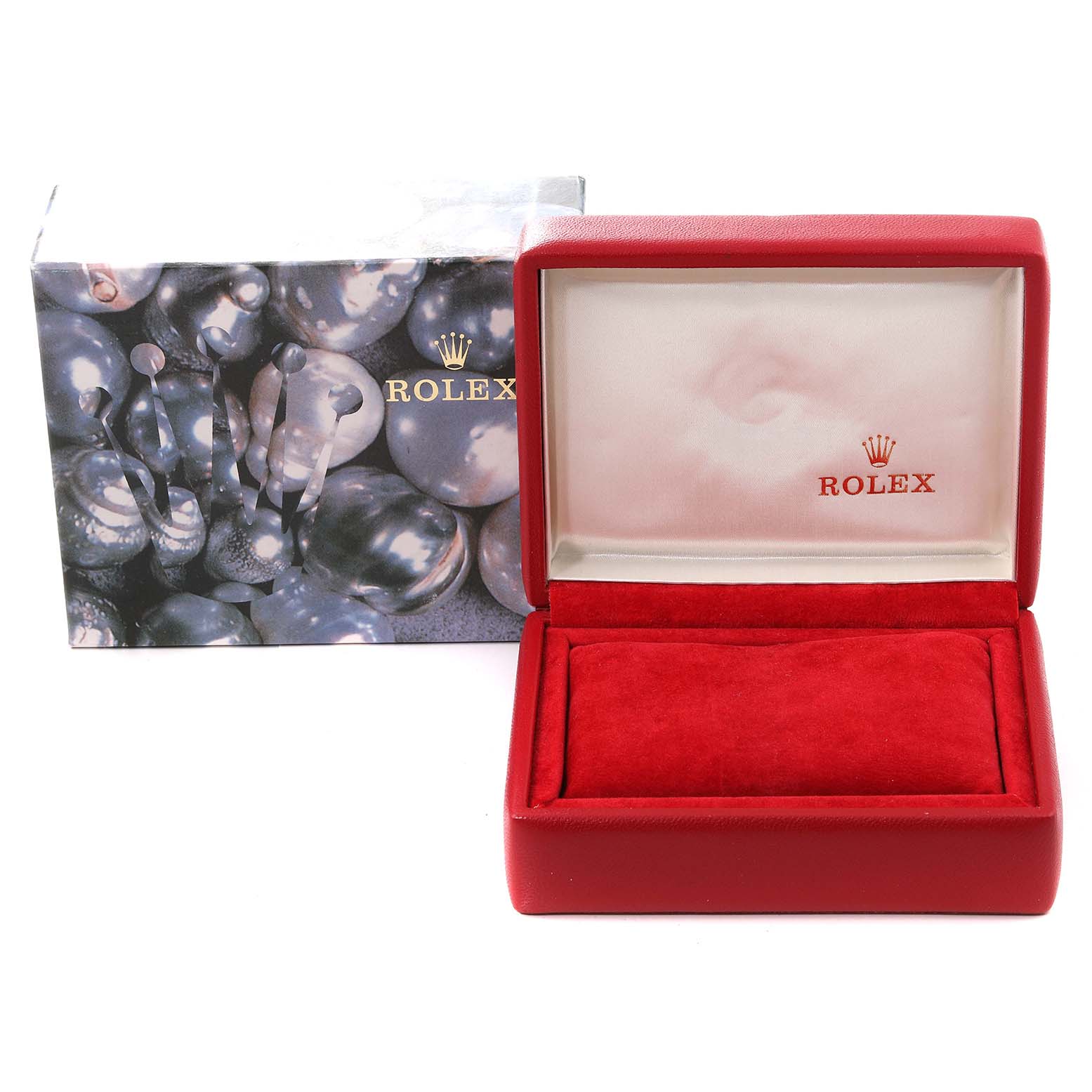 This image displays an empty Rolex watch box and outer packaging for a Mid-Size model, shown from the front.