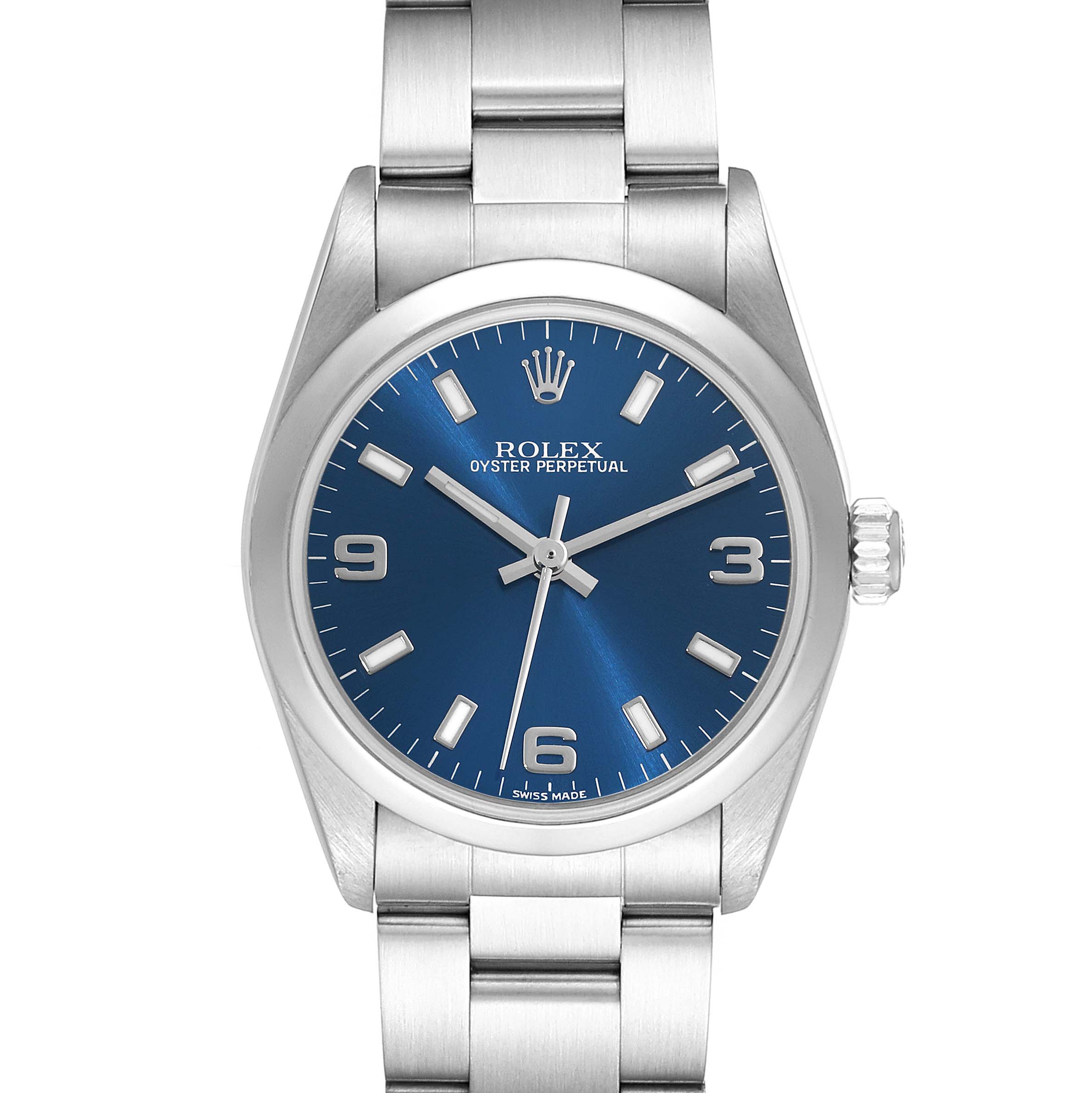 This is a front view of a Rolex Oyster Perpetual Mid-Size watch featuring a blue dial and stainless steel bracelet.