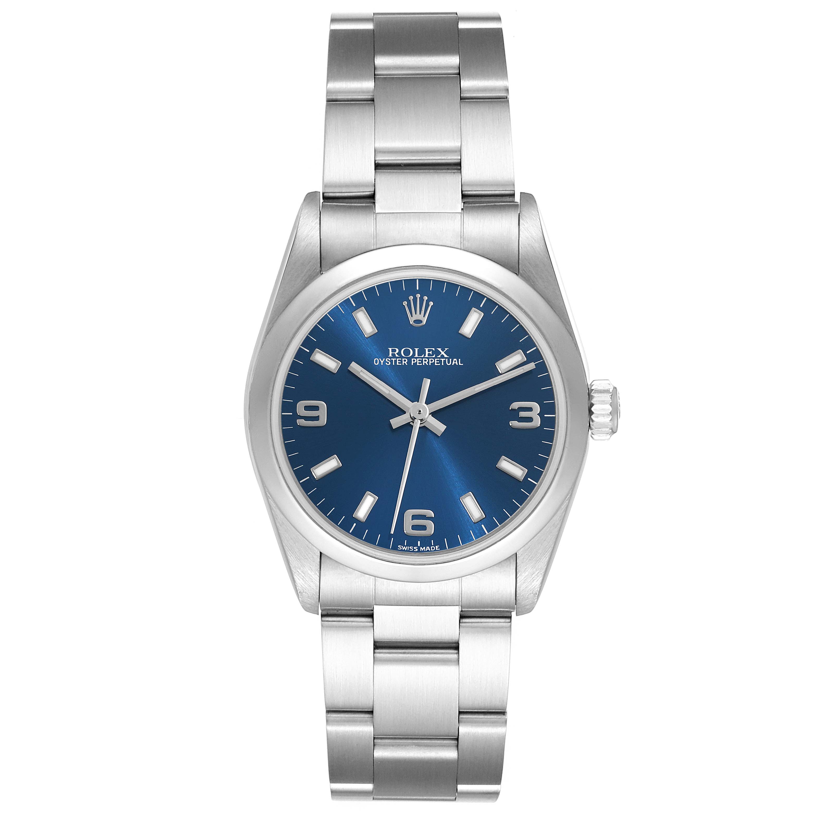 This image shows a front view of a Rolex Mid-Size 77080 Women
s Stainless Steel Blue Dial 77080 Women
s Stainless Steel Blue Dial Oyster Perpetual watch with a blue dial and stainless steel bracelet.