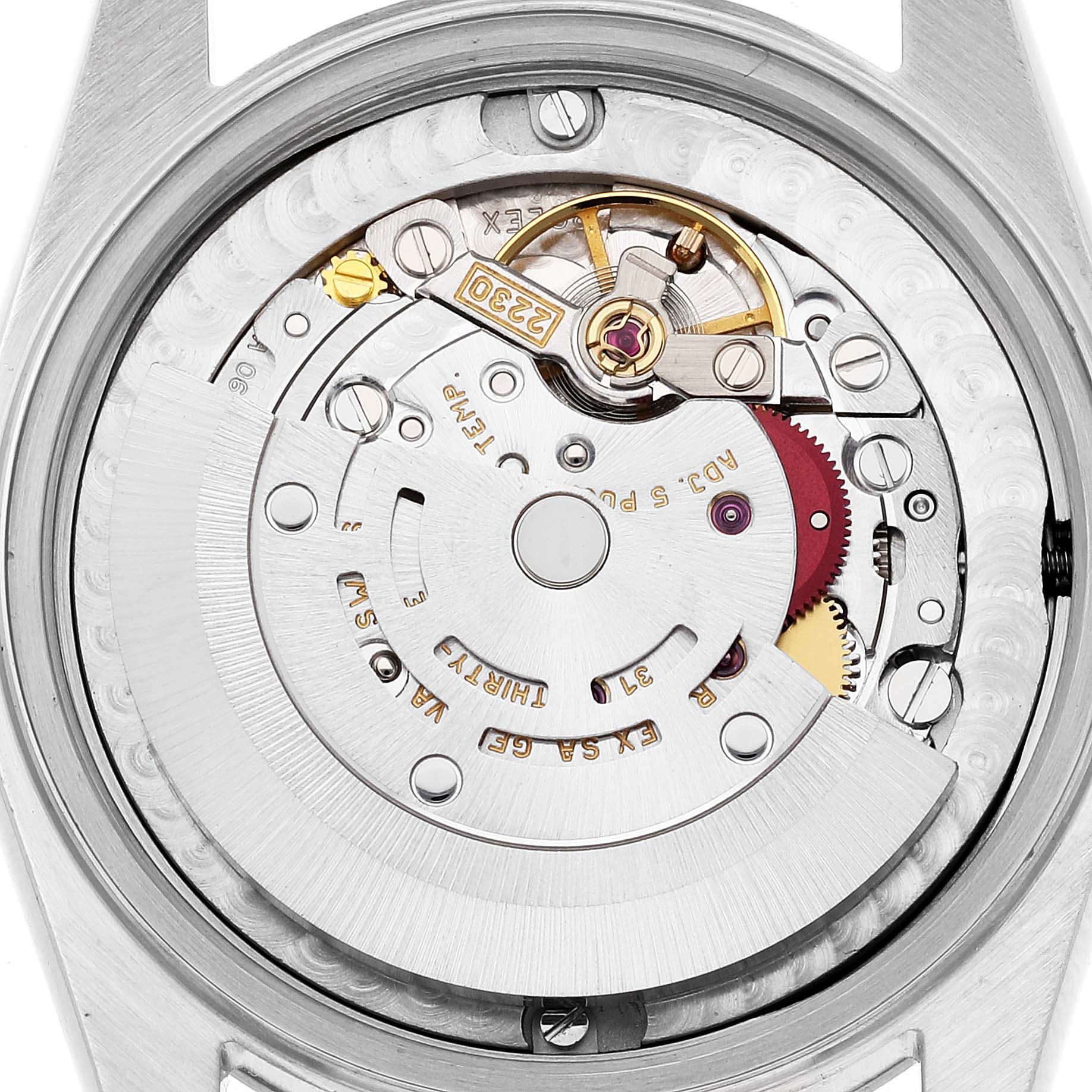 The image shows the internal mechanism of a Rolex Mid-Size 77080 Women
s Stainless Steel Blue Dial 77080 Women
s Stainless Steel Blue Dial watch from a rear angle.