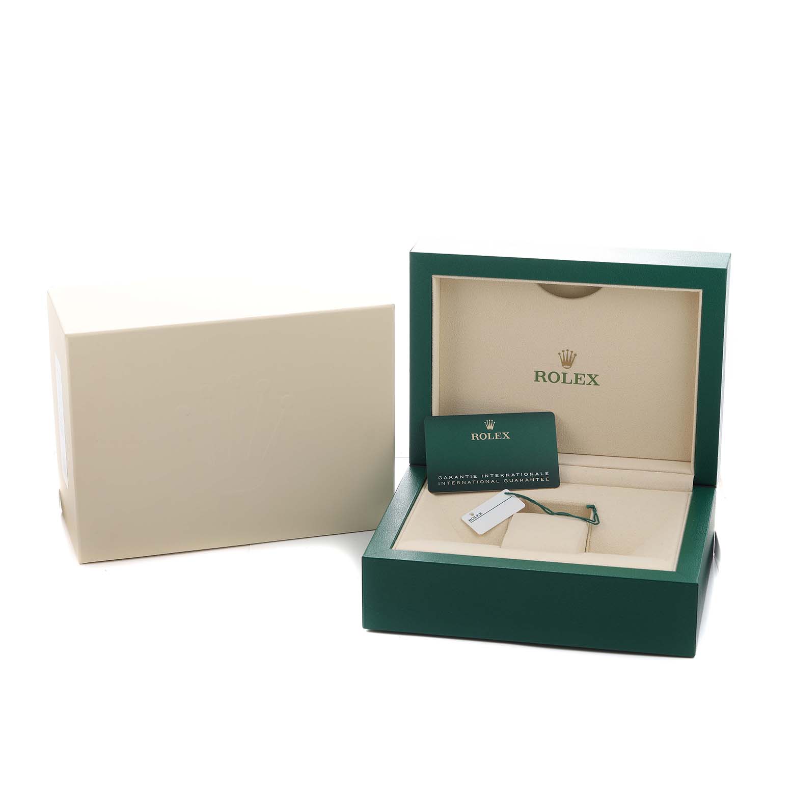 The image shows the open box and packaging of a Rolex Mid-Size 277200 Women's Stainless Steel Green Dial model, featuring the warranty card and tags.