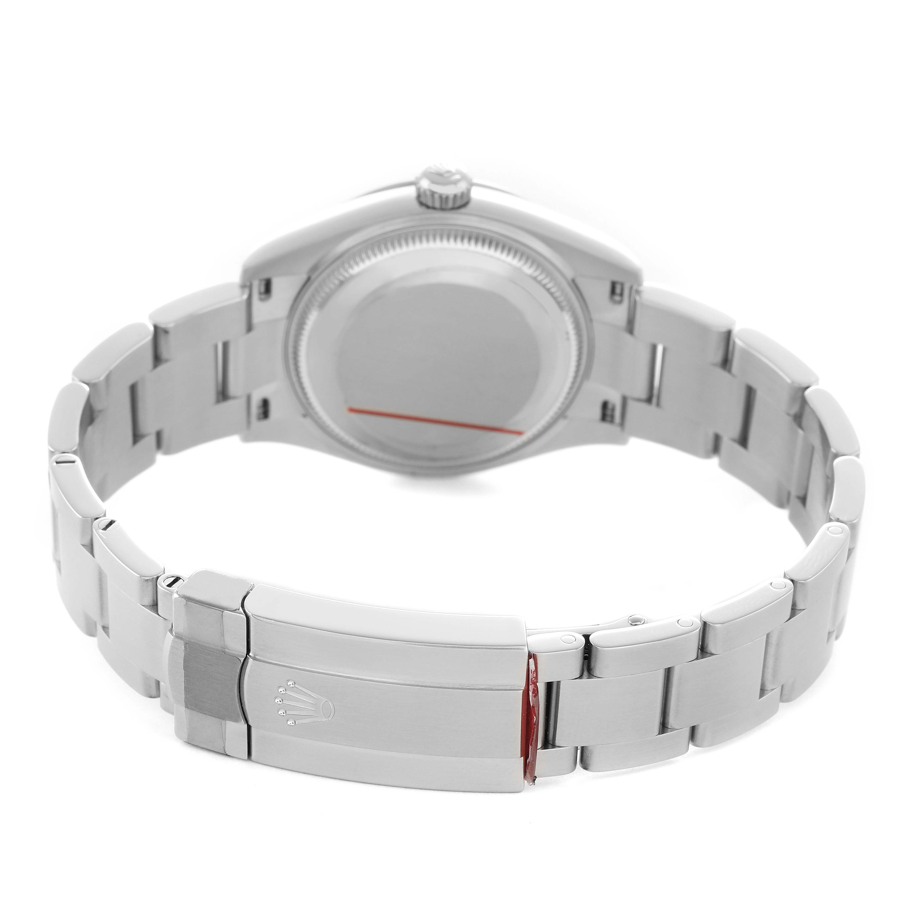 The image shows the back view of a Rolex Mid-Size 277200 Women's Stainless Steel Green Dial watch, highlighting the bracelet, clasp, and case back.