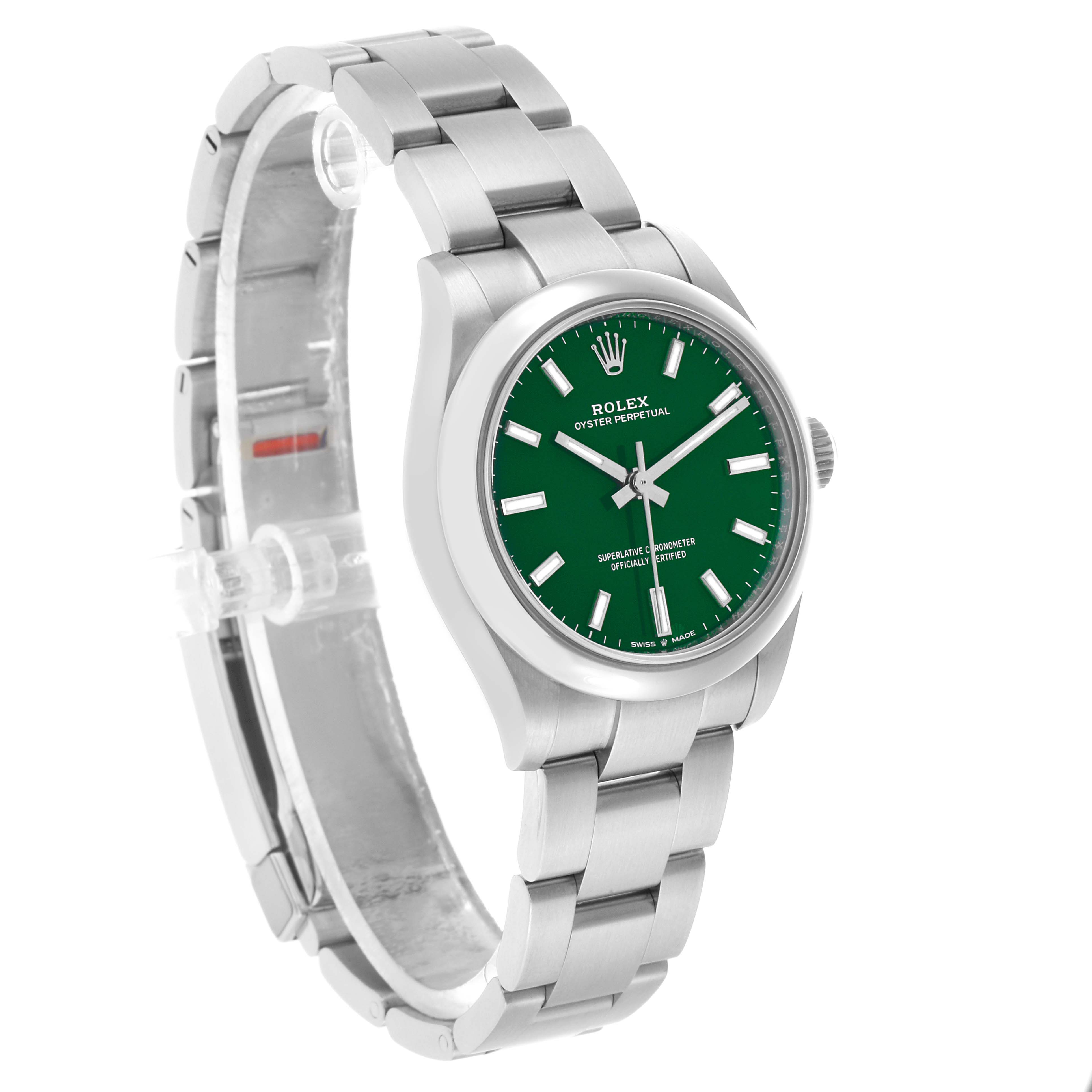 The Rolex Mid-Size 277200 Women's Stainless Steel Green Dial watch is shown in a three-quarter angle, highlighting the green dial, bezel, and bracelet.