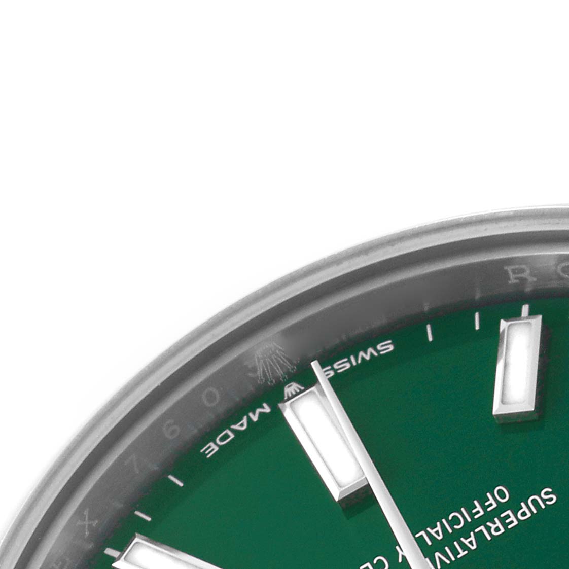 The image shows a close-up angle of a Rolex Mid-Size 277200 Women's Stainless Steel Green Dial watch face, highlighting the green dial and hour markers.