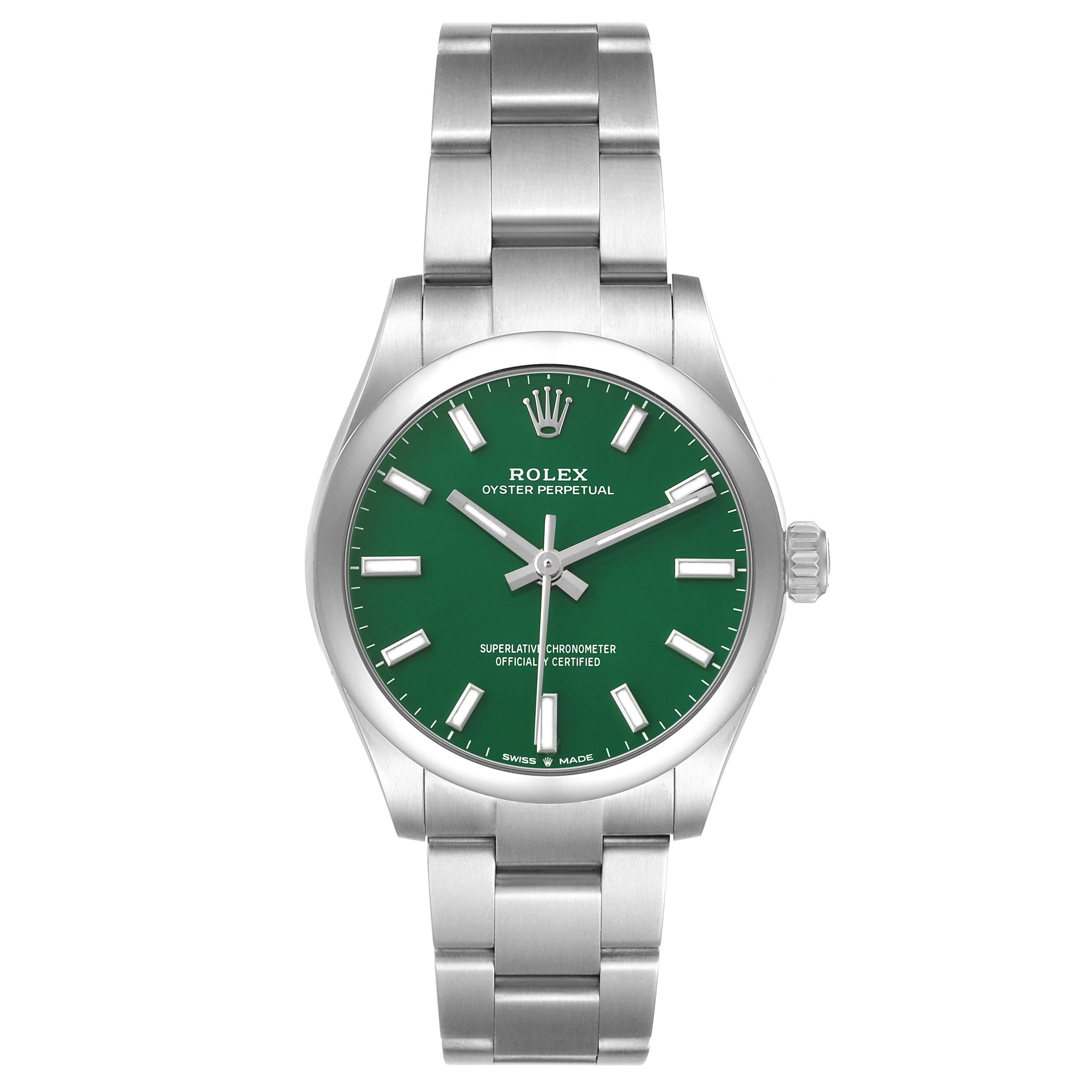 The Rolex Mid-Size 277200 Women's Stainless Steel Green Dial watch is shown from a front angle, displaying the face, bezel, bracelet, and crown.