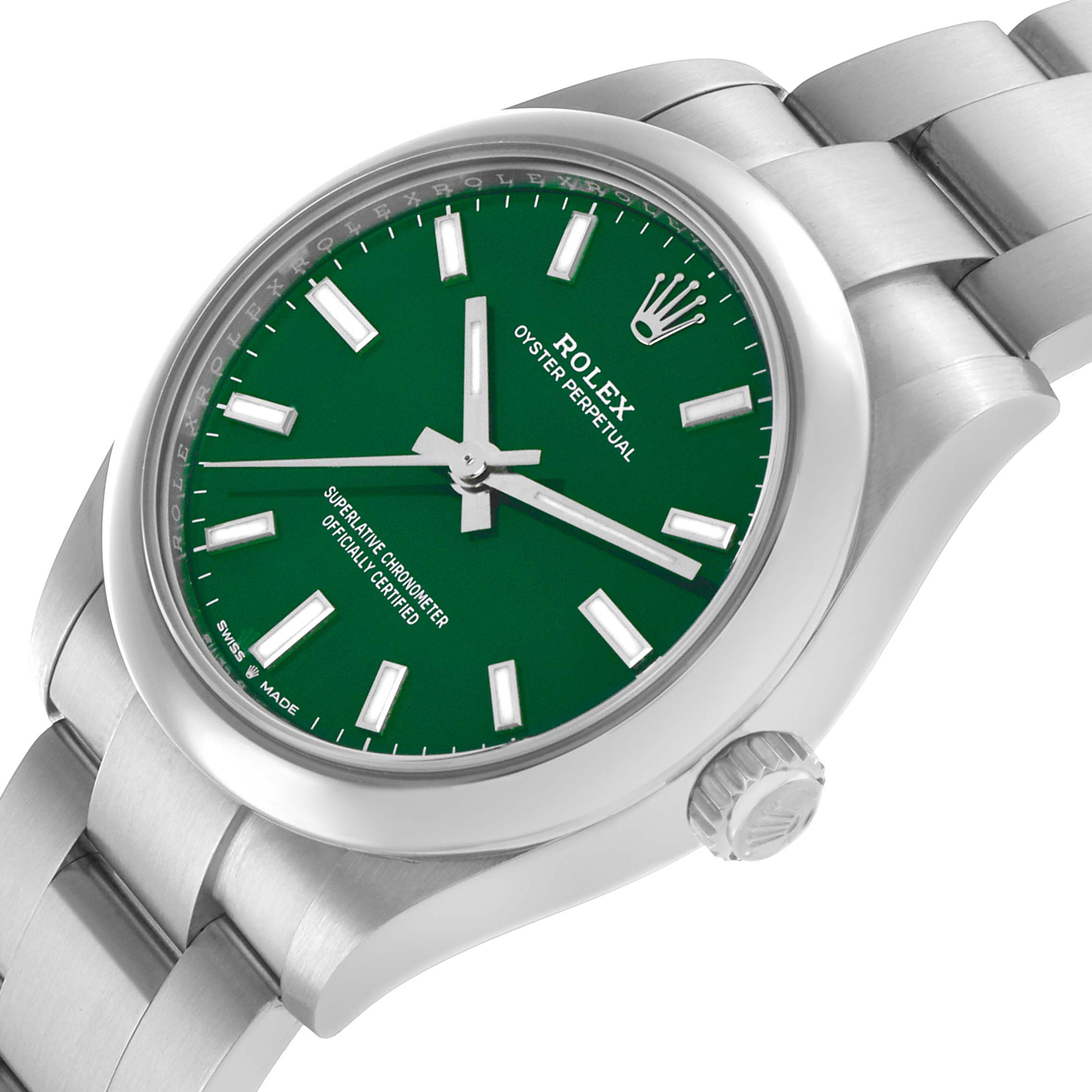 The Rolex Mid-Size 277200 Women's Stainless Steel Green Dial watch is shown at an angled side view, highlighting the green dial, crown, and stainless steel bracelet.