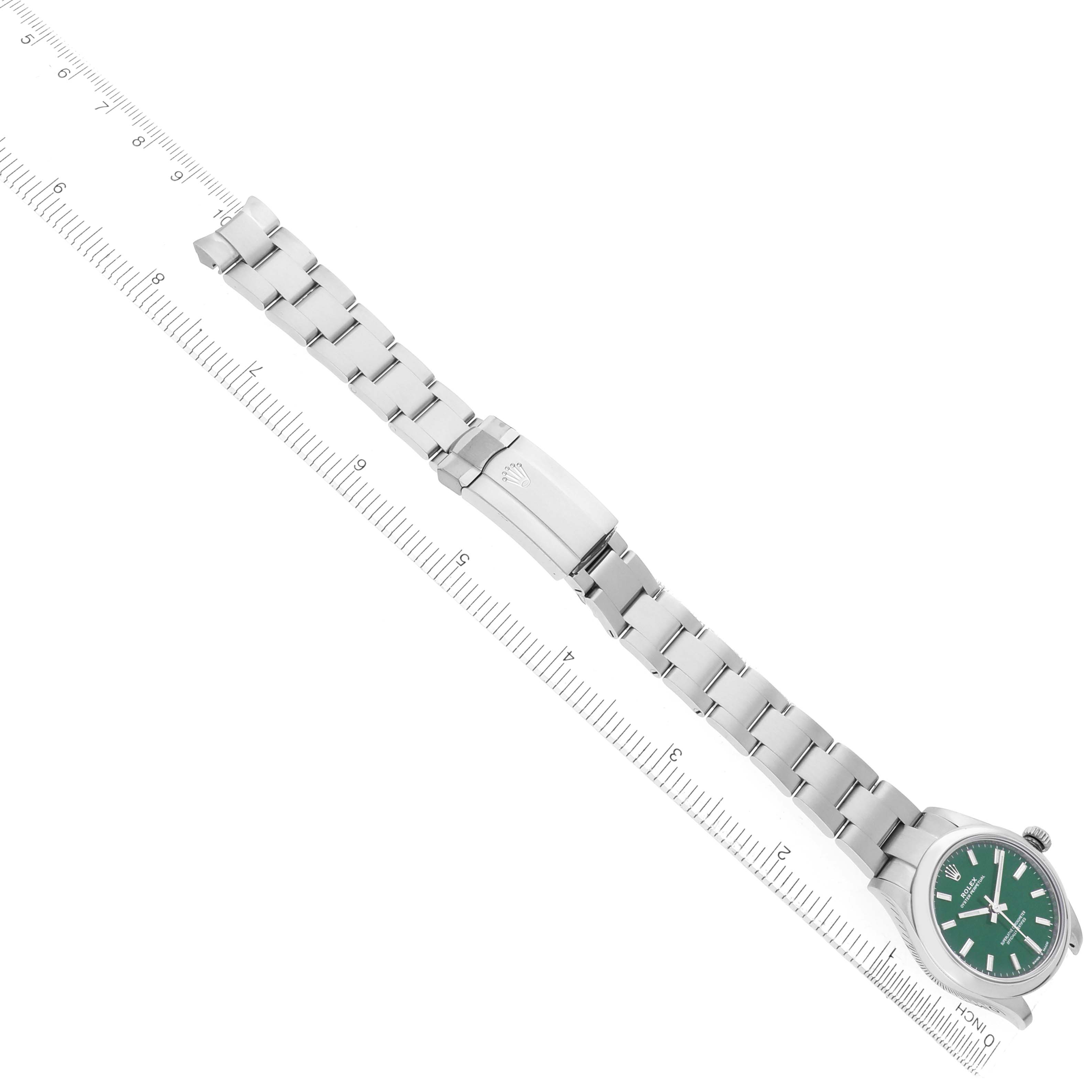 The Rolex Mid-Size 277200 Women's Stainless Steel Green Dial watch is shown from a top-down angle, displaying the bracelet, clasp, and green dial.