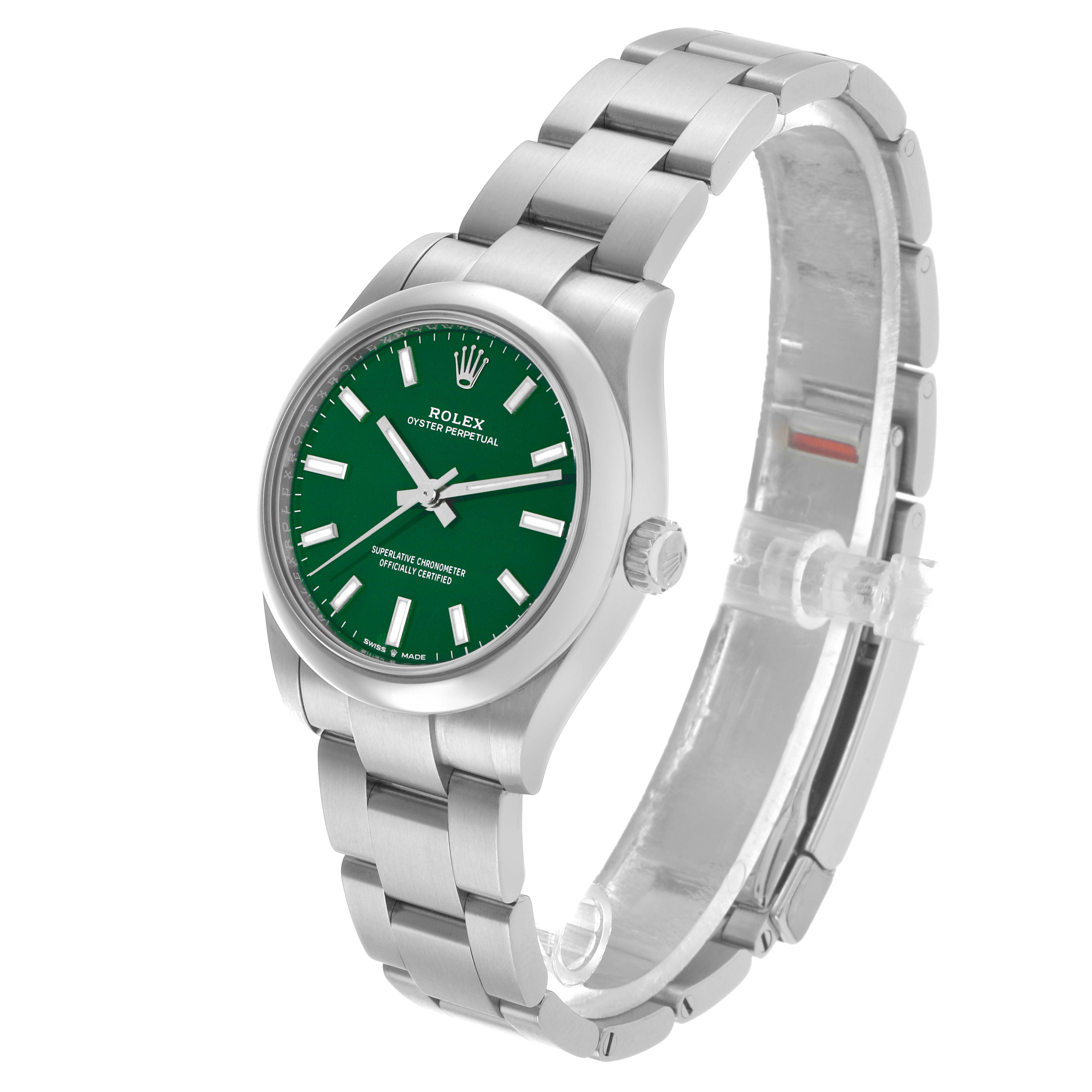 The Rolex Mid-Size 277200 Women's Stainless Steel Green Dial watch is shown at a three-quarter angle, displaying the green dial, crown, and stainless steel bracelet.