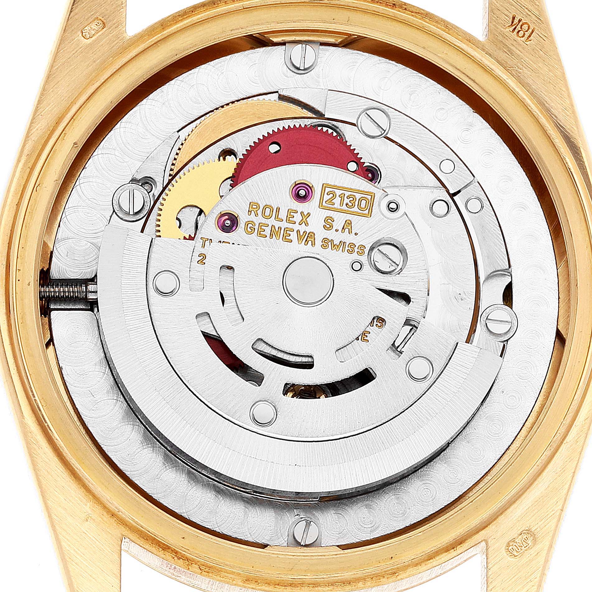 The image shows the internal mechanism of a Rolex President 67518 Women
s Yellow Gold White Dial 67518 Women
s Yellow Gold White Dial model watch from a rear angle.
