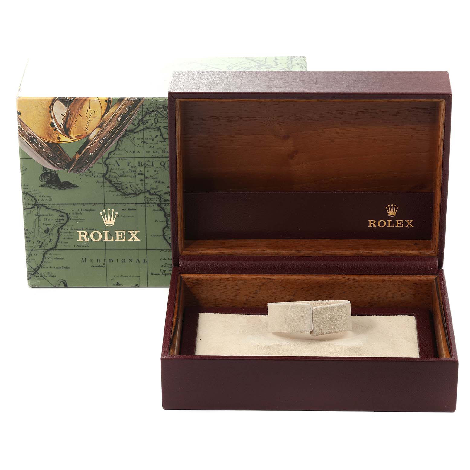 The image shows an empty Rolex President 67518 Women
s Yellow Gold White Dial 67518 Women
s Yellow Gold White Dial model watch box and packaging from a front angle.