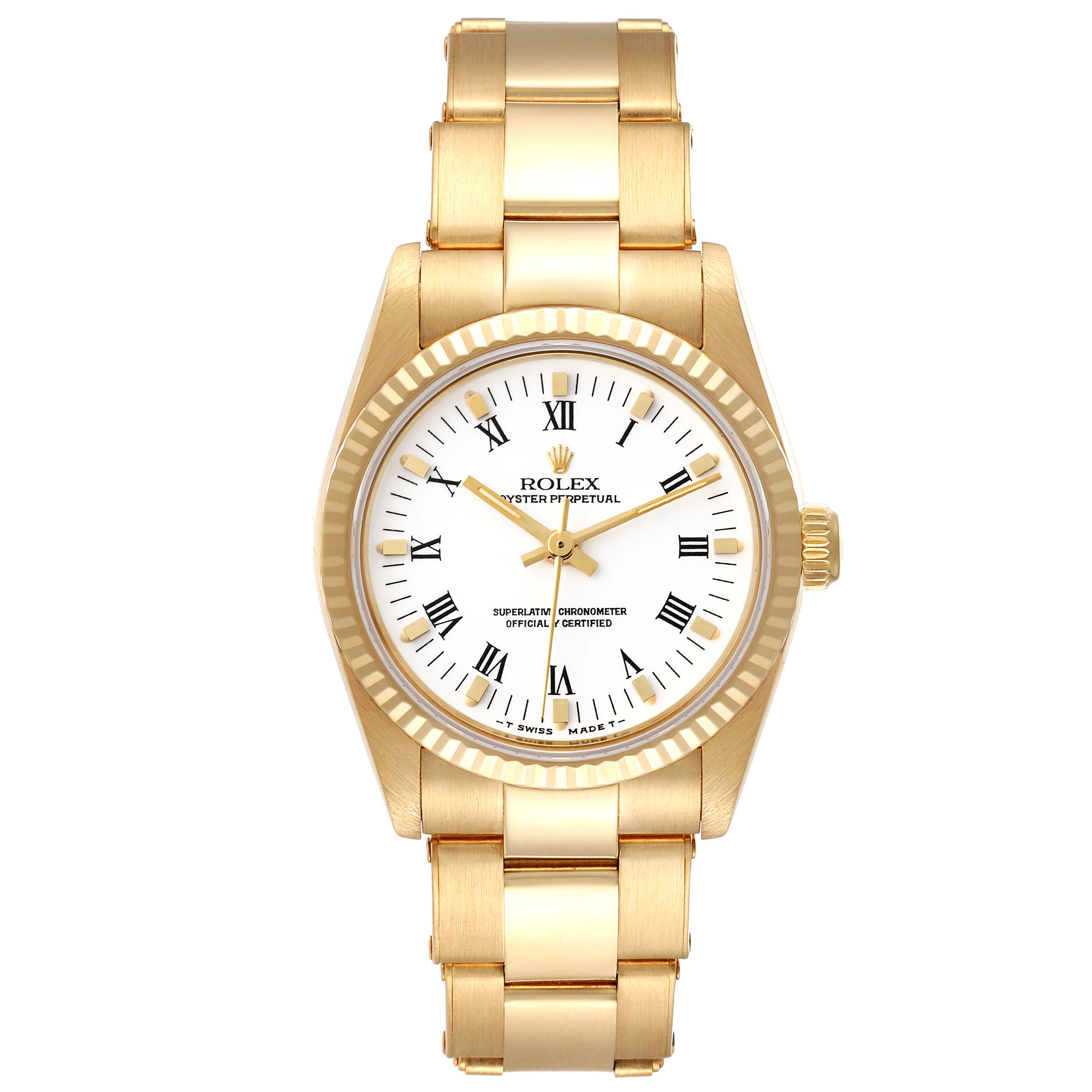 The image shows a frontal view of a Rolex President 67518 Women
s Yellow Gold White Dial 67518 Women
s Yellow Gold White Dial model watch, featuring its gold bracelet, dial, and bezel.