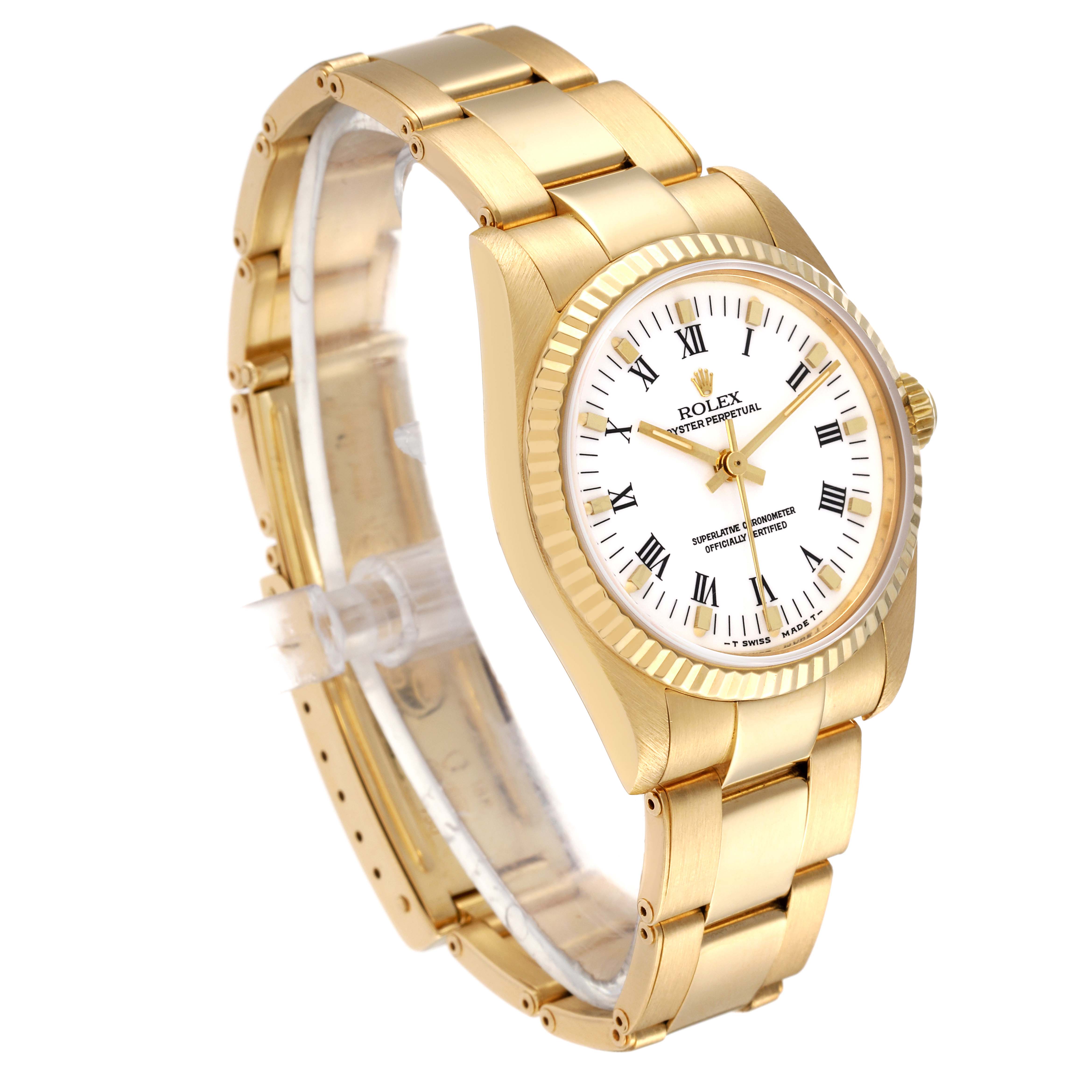 The image shows a side angle of the Rolex President 67518 Women
s Yellow Gold White Dial 67518 Women
s Yellow Gold White Dial model, displaying the watch face, bracelet, and crown.