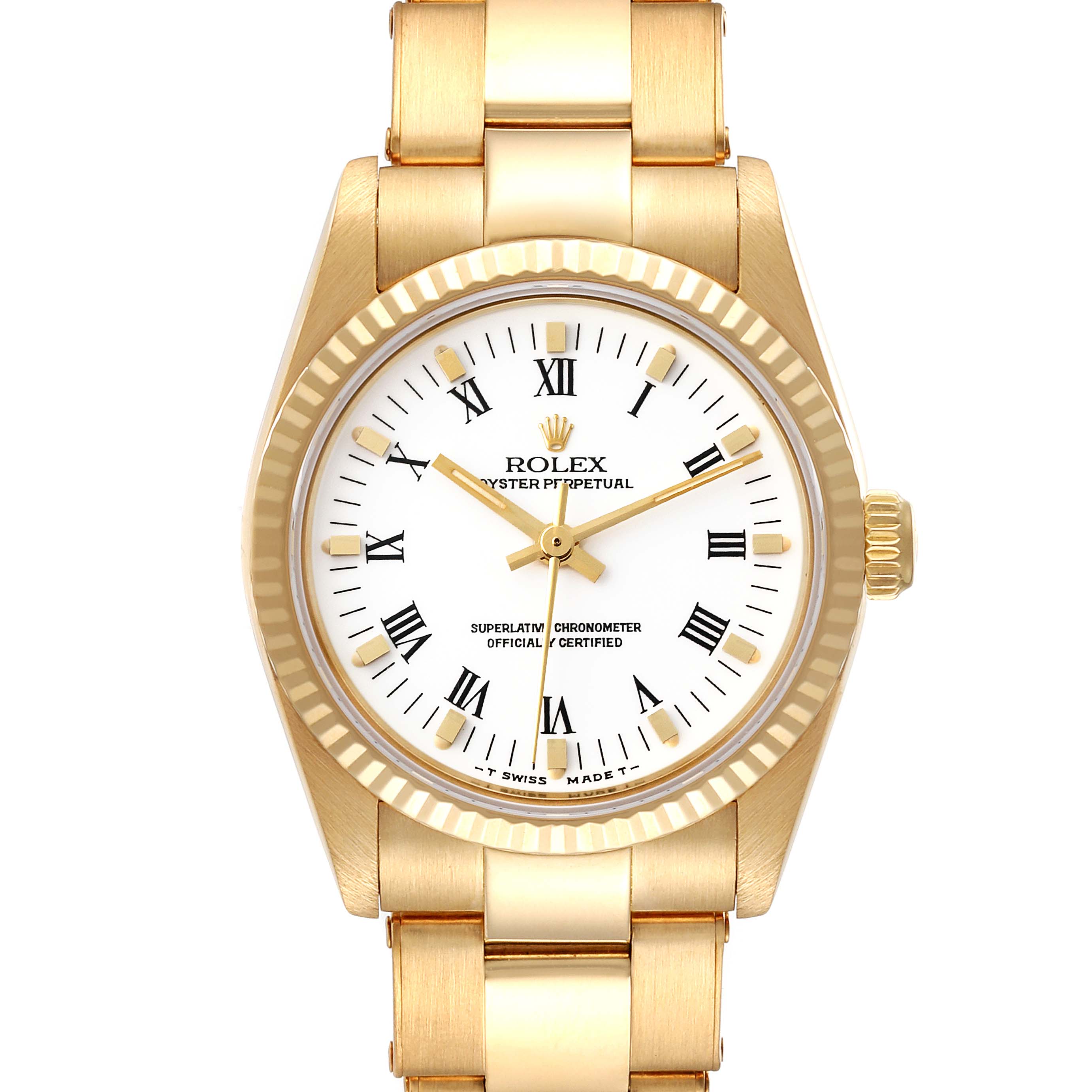 The image shows a frontal view of the Rolex President 67518 Women
s Yellow Gold White Dial 67518 Women
s Yellow Gold White Dial model watch, displaying the face, bezel, and part of the bracelet.