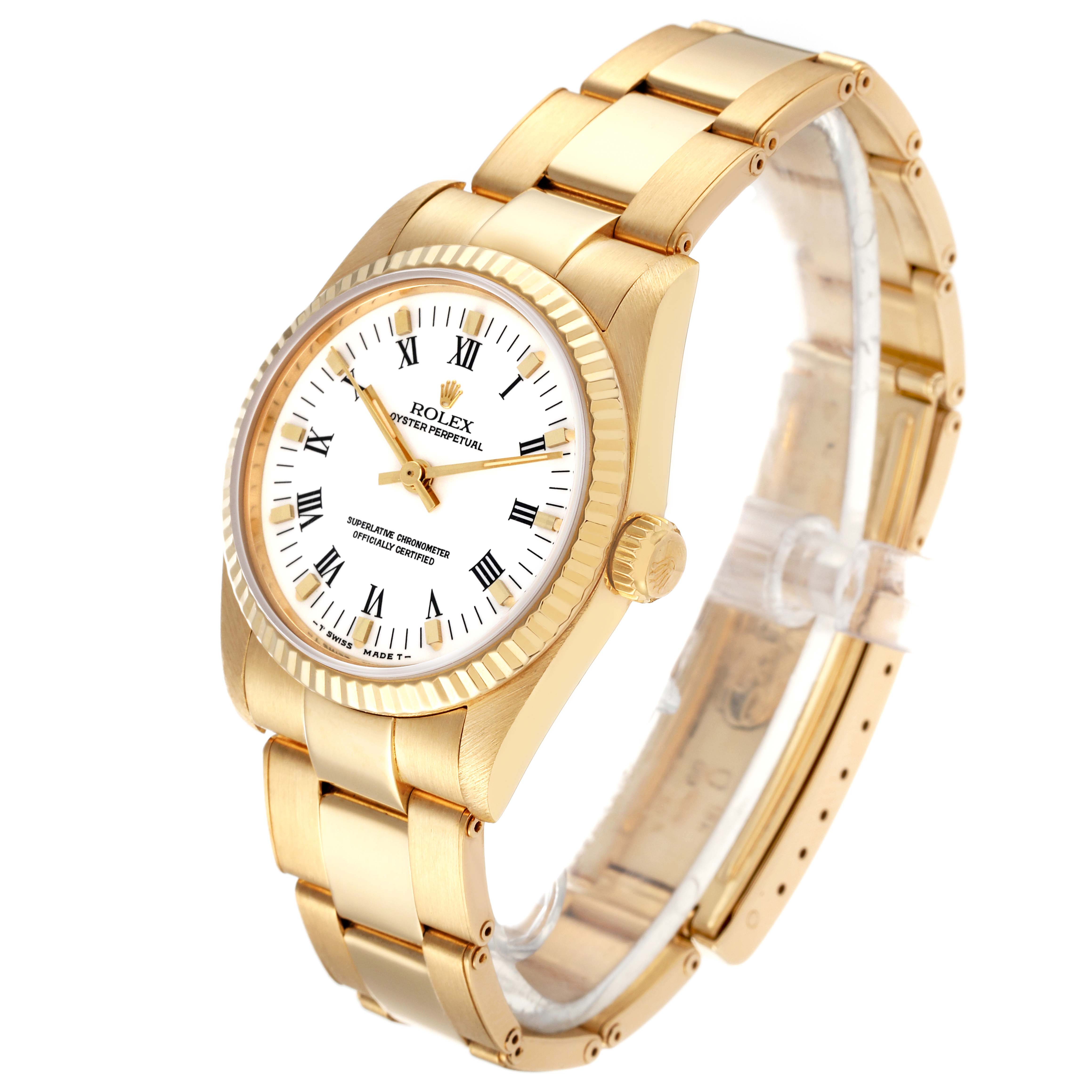 The Rolex President 67518 Women
s Yellow Gold White Dial 67518 Women
s Yellow Gold White Dial model watch is shown at an angled side view, highlighting its gold bracelet, case, and white dial.