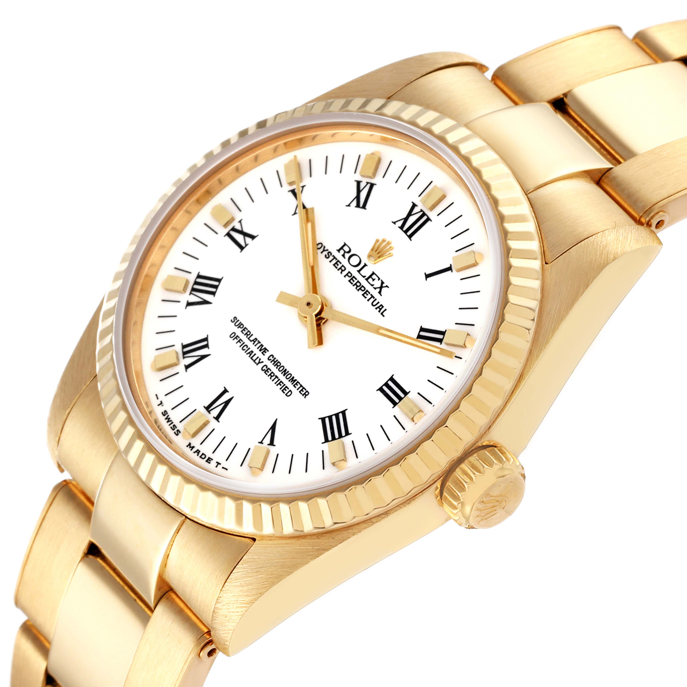 The image shows a Rolex President 67518 Women
s Yellow Gold White Dial 67518 Women
s Yellow Gold White Dial model watch at a slight angle, highlighting its face, bezel, crown, and part of the bracelet.