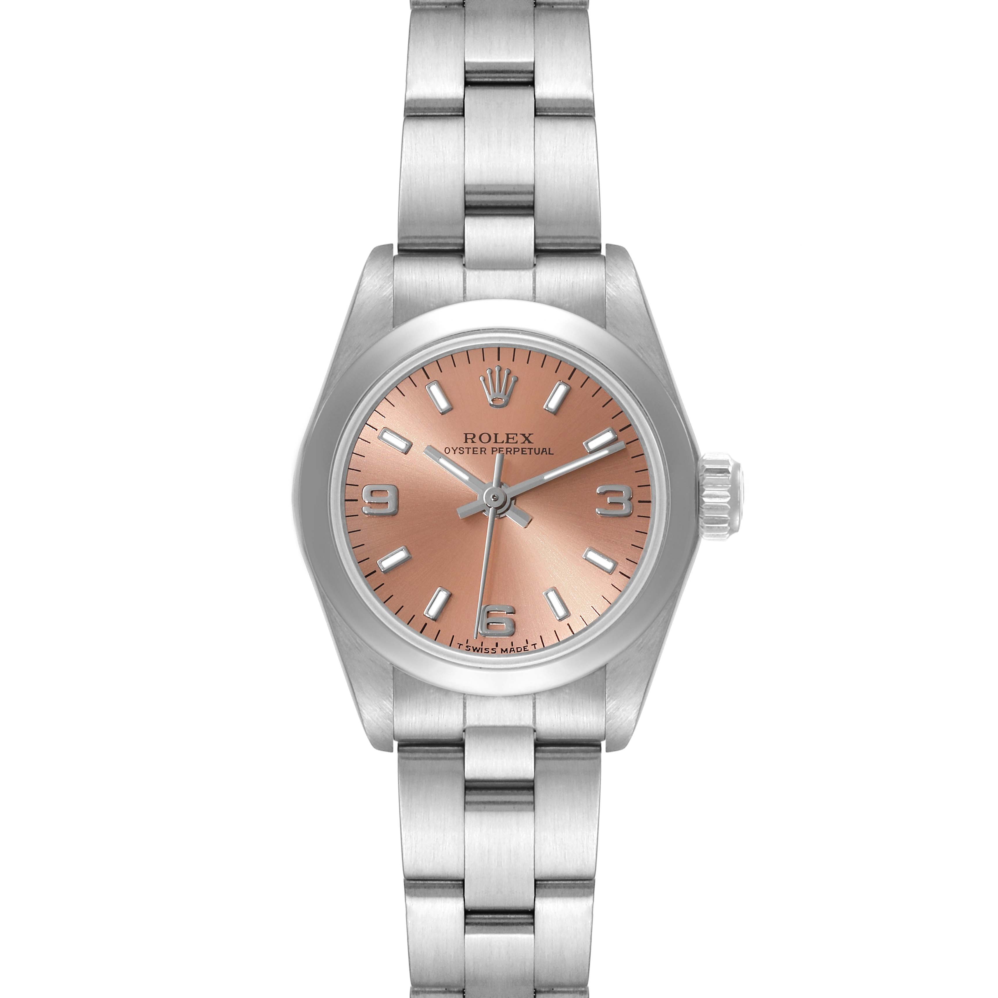 This image shows a frontal view of a Rolex Oyster Perpetual 67180 Women's Stainless Steel Pink Dial 67180 Women's Stainless Steel Pink Dial watch, featuring a metal bracelet and a rose dial.