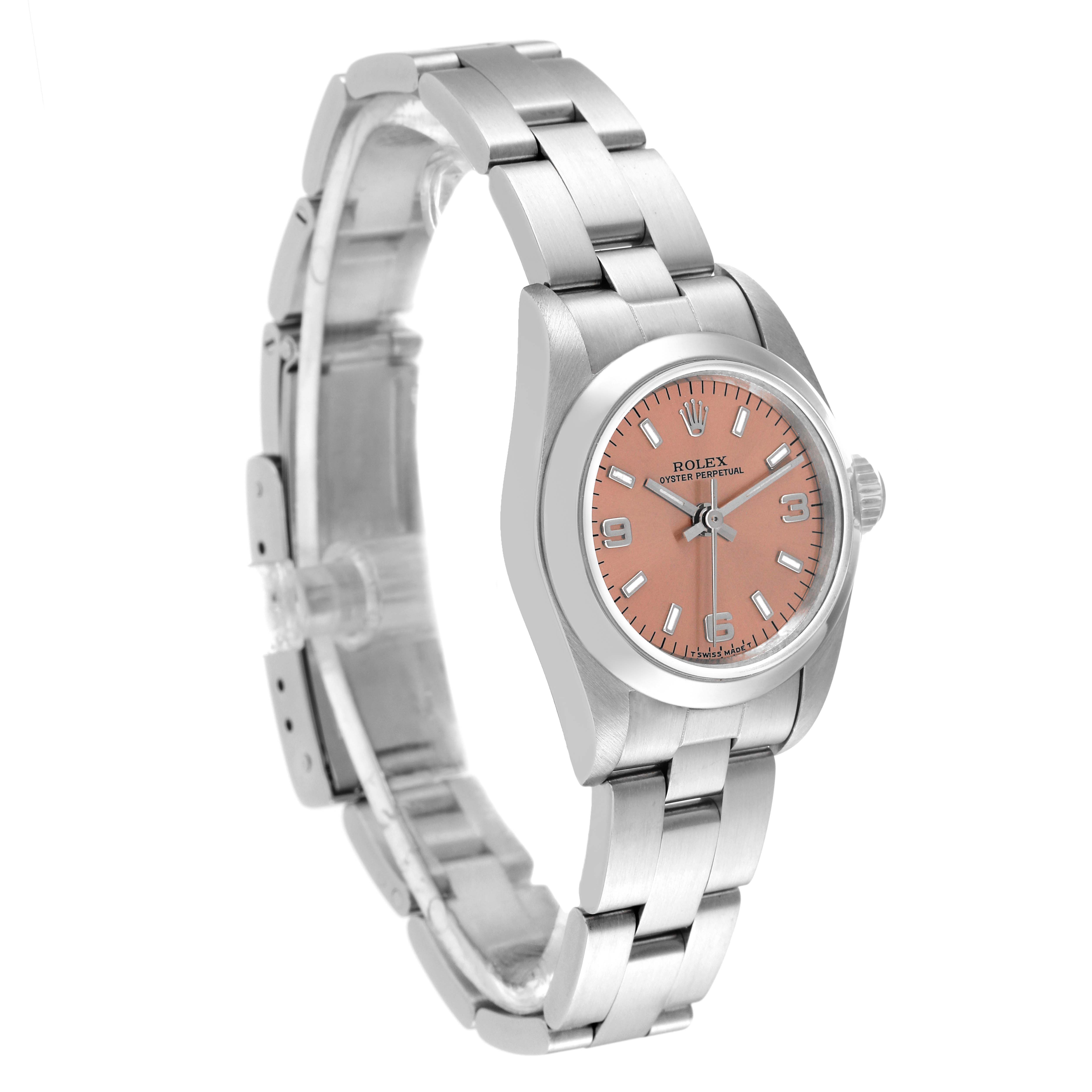 The Rolex Oyster Perpetual 67180 Women's Stainless Steel Pink Dial 67180 Women's Stainless Steel Pink Dial watch is shown from a front angle, highlighting its pink dial, silver case, and stainless steel bracelet.