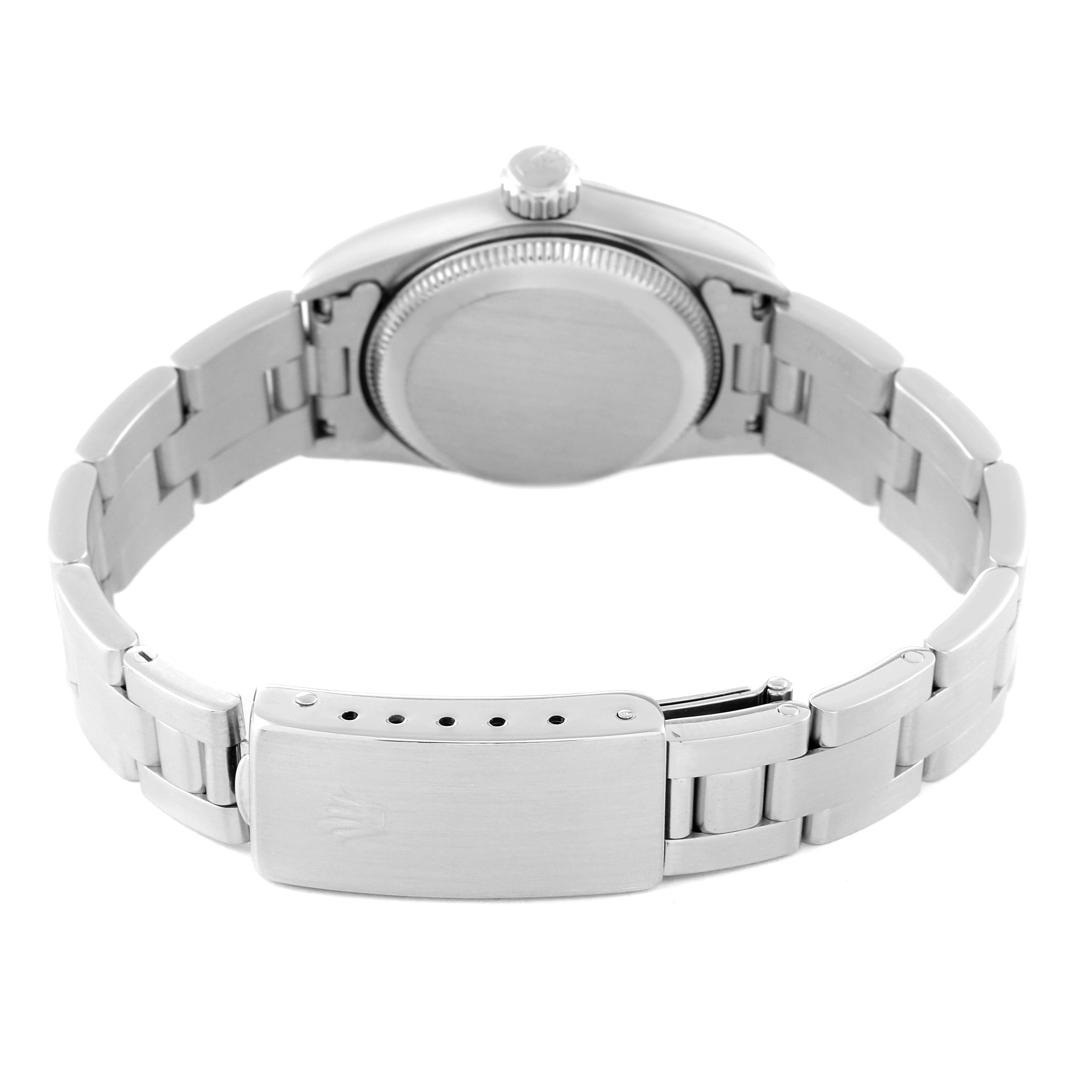 The image shows the back view of a Rolex Oyster Perpetual 67180 Women's Stainless Steel Pink Dial 67180 Women's Stainless Steel Pink Dial watch, highlighting its bracelet and clasp.