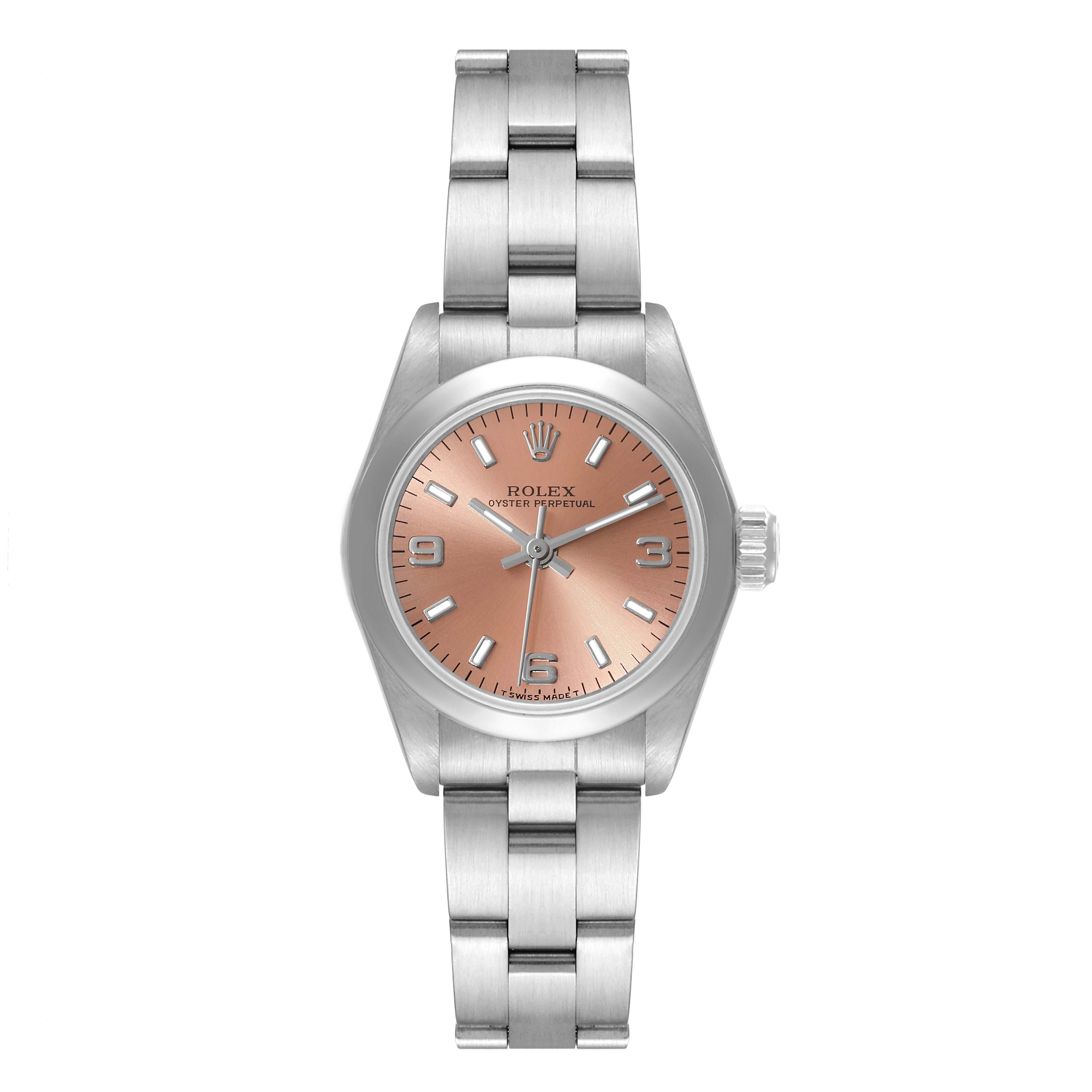 The image shows a front view of a Rolex Oyster Perpetual 67180 Women's Stainless Steel Pink Dial 67180 Women's Stainless Steel Pink Dial watch with a pink dial and stainless steel bracelet.