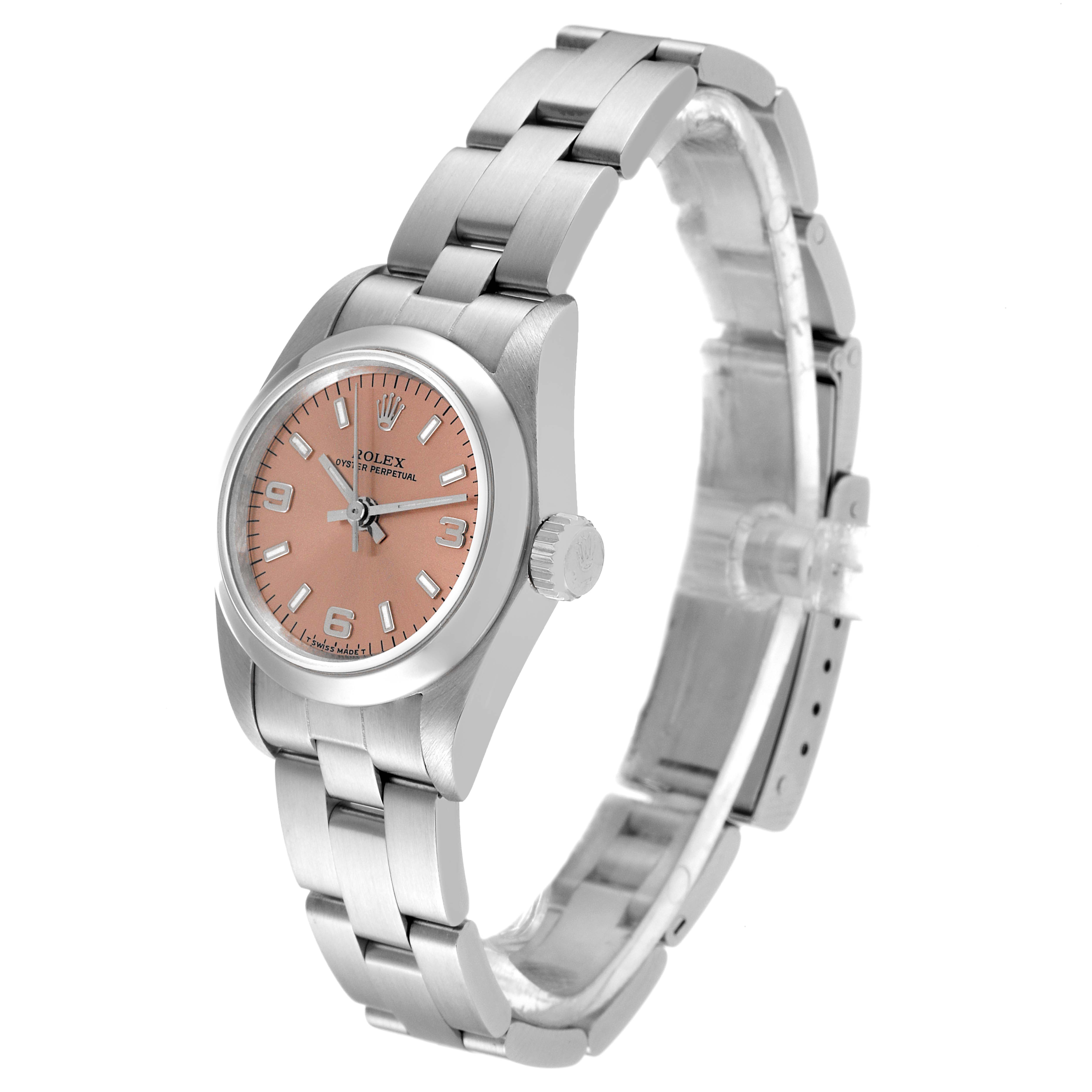 This Rolex Oyster Perpetual 67180 Women's Stainless Steel Pink Dial 67180 Women's Stainless Steel Pink Dial watch is shown at a slight angle highlighting its pink dial, crown, and stainless steel bracelet.