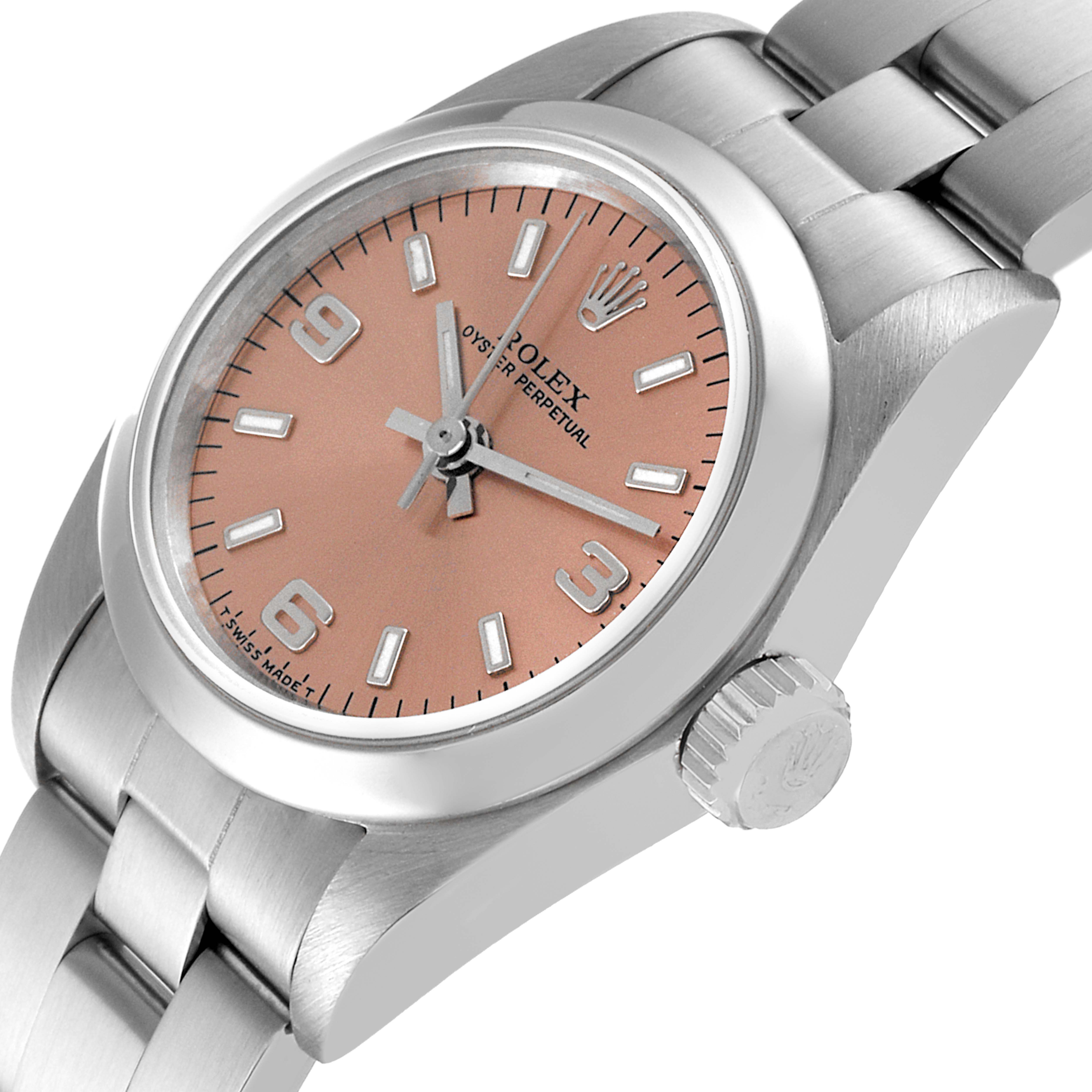 The image shows a tilted view of the Rolex Oyster Perpetual 67180 Women's Stainless Steel Pink Dial 67180 Women's Stainless Steel Pink Dial, highlighting the dial, bezel, crown, and bracelet.