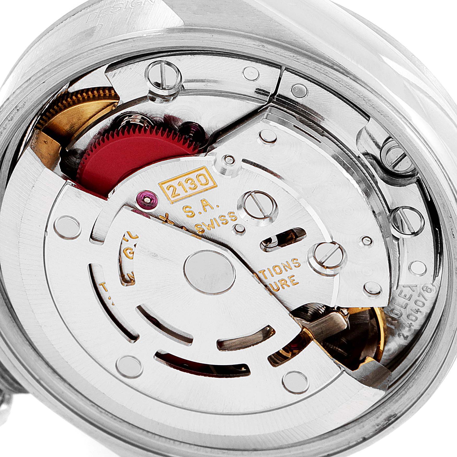 This is a close-up view of the movement mechanism inside an Oyster Perpetual model by Rolex.