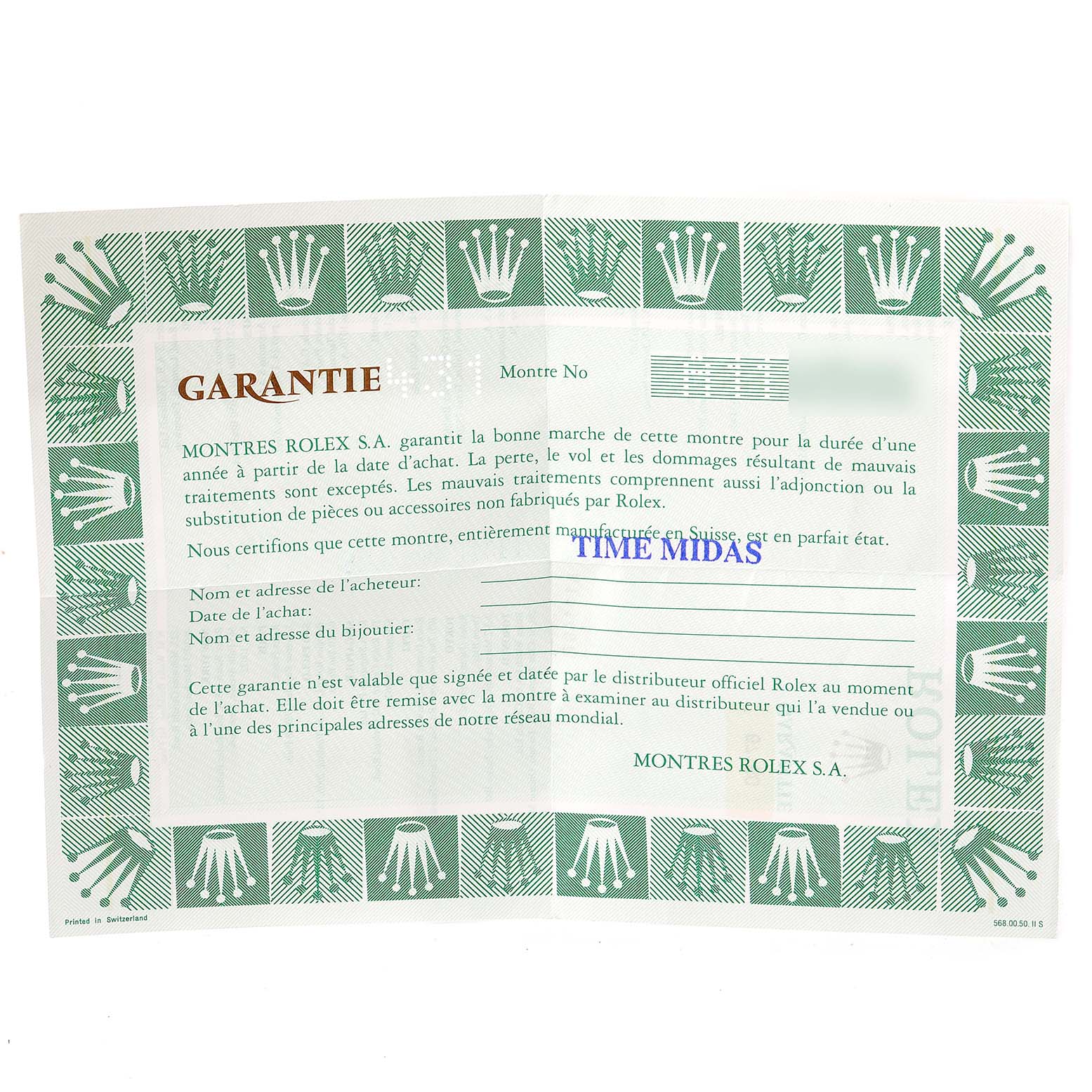 This image shows the warranty certificate for the Rolex Oyster Perpetual 67180 Women
s Stainless Steel Pink Dial 67180 Women
s Stainless Steel Pink Dial model.