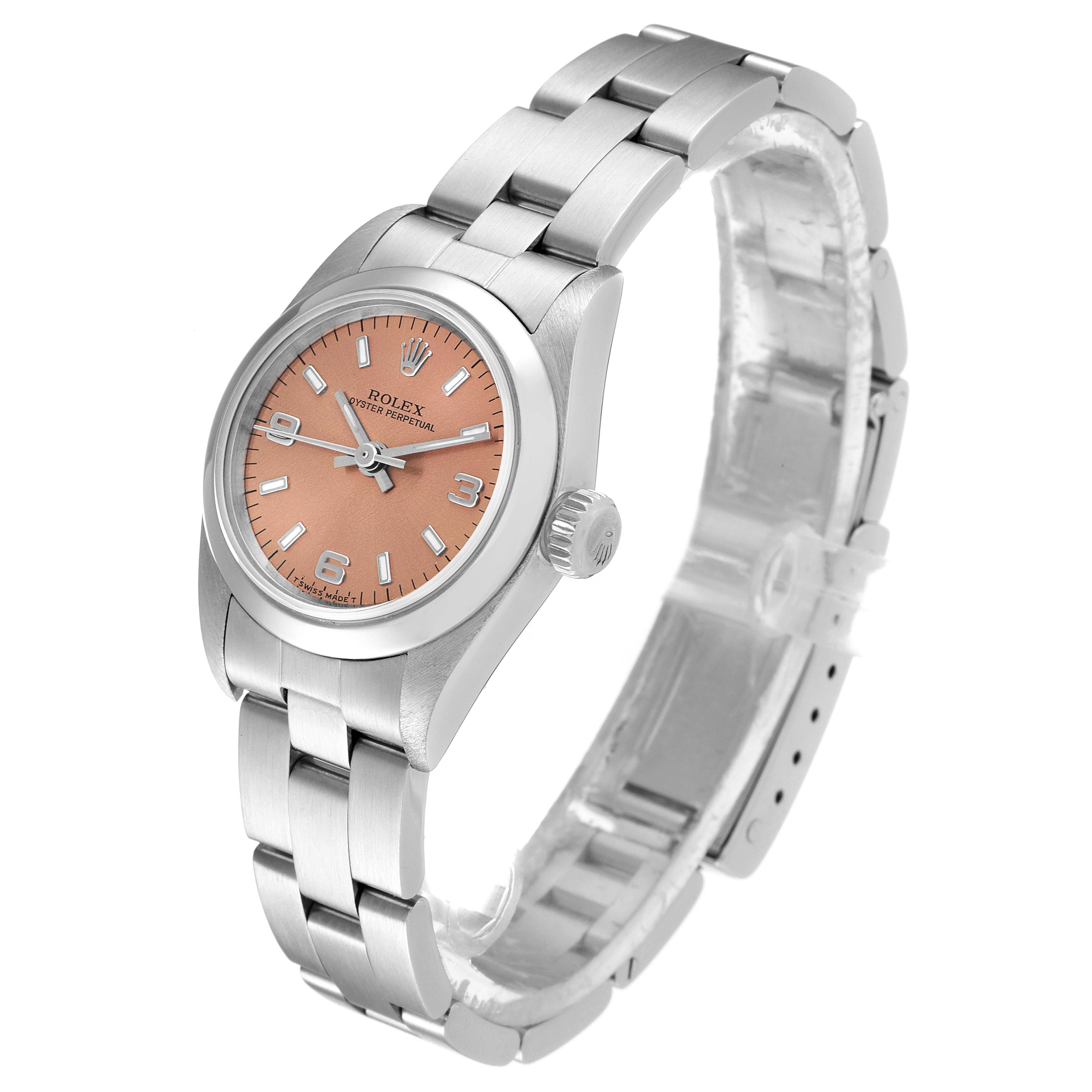 The Rolex Oyster Perpetual 67180 Women
s Stainless Steel Pink Dial 67180 Women
s Stainless Steel Pink Dial watch is shown at a front angle, displaying its face, crown, and stainless steel bracelet.