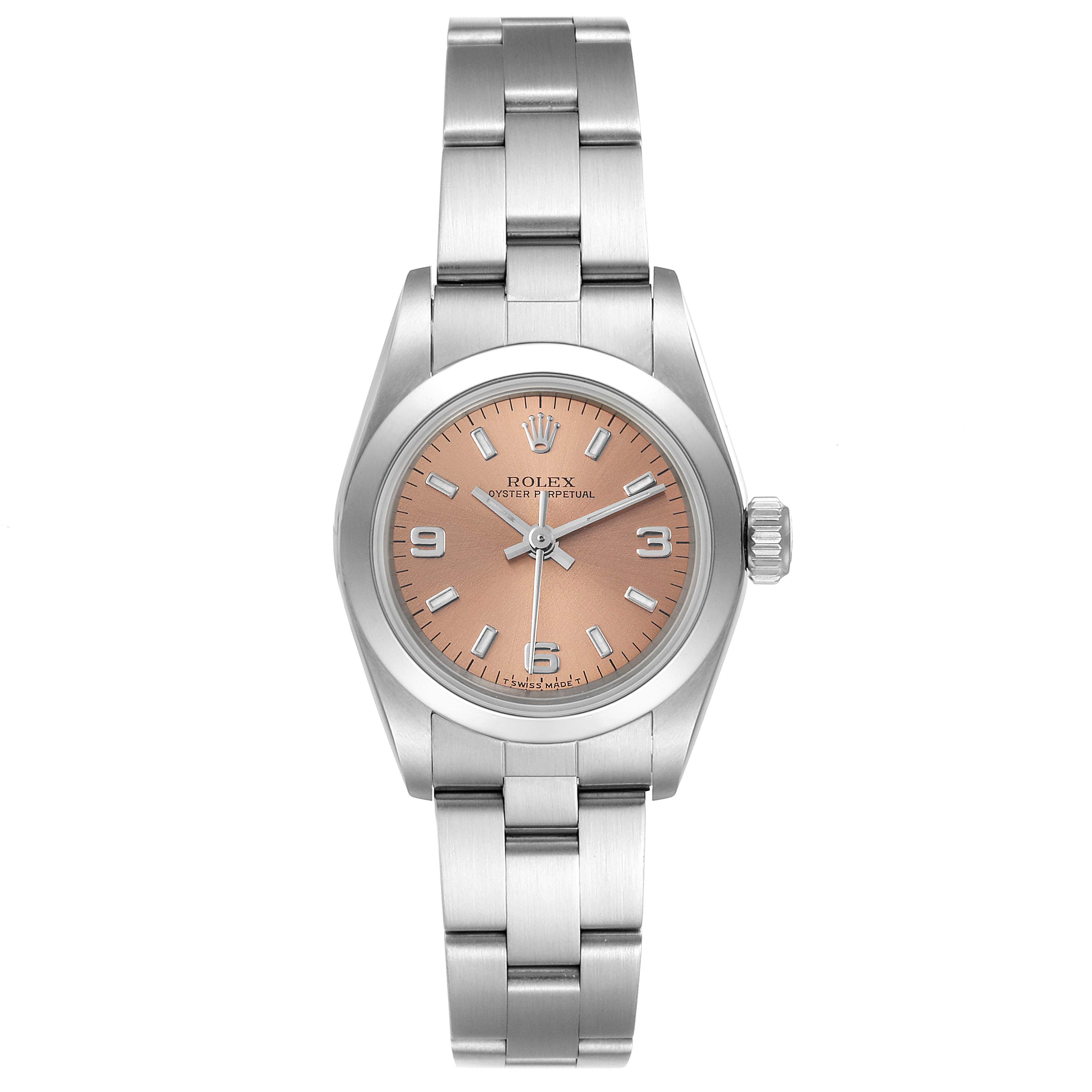 The image shows a front view of a Rolex Oyster Perpetual 67180 Women
s Stainless Steel Pink Dial 67180 Women
s Stainless Steel Pink Dial watch, featuring its dial, case, and bracelet.