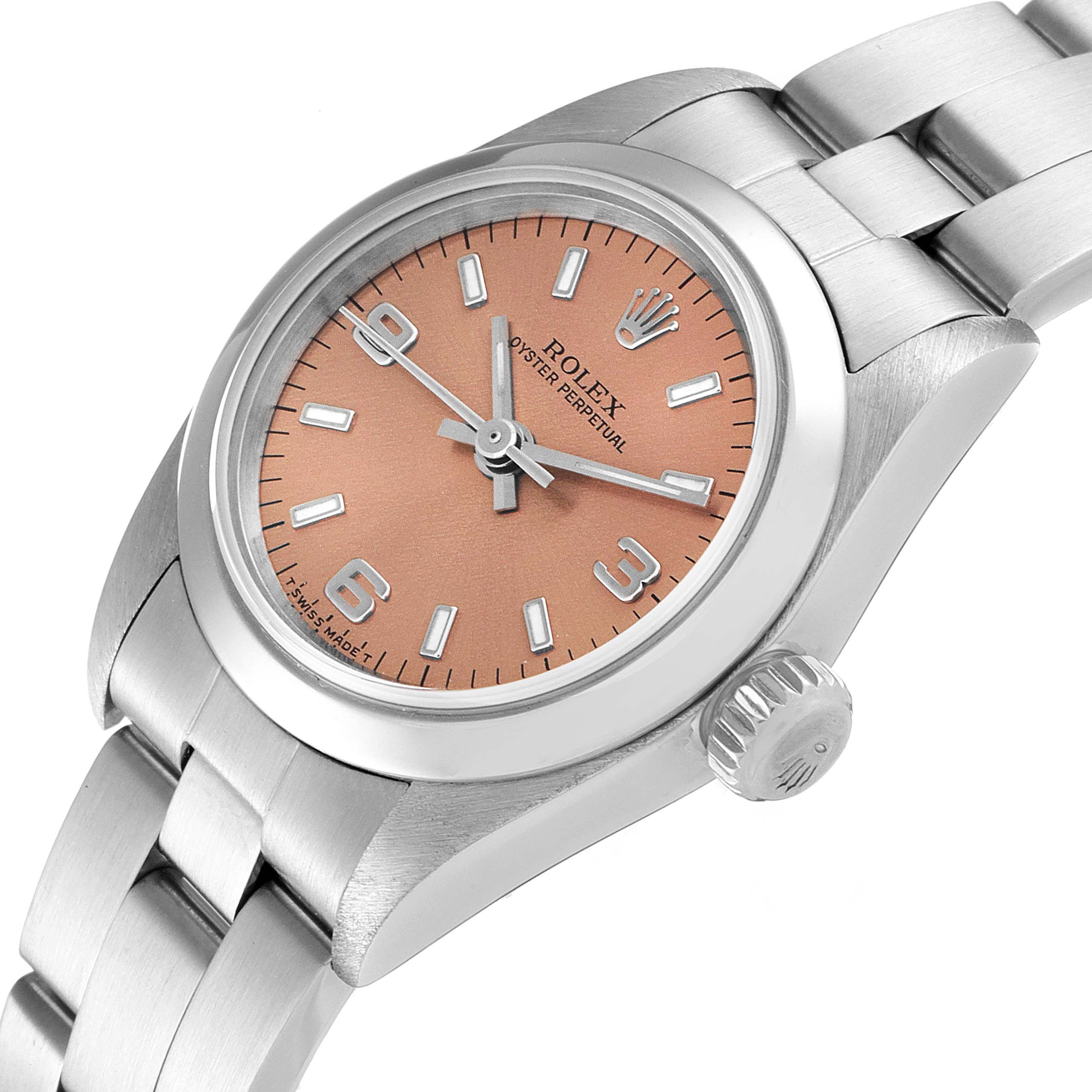 The Rolex Oyster Perpetual 67180 Women
s Stainless Steel Pink Dial 67180 Women
s Stainless Steel Pink Dial watch is shown from an angled top view, featuring the dial, bezel, crown, and a portion of the bracelet.