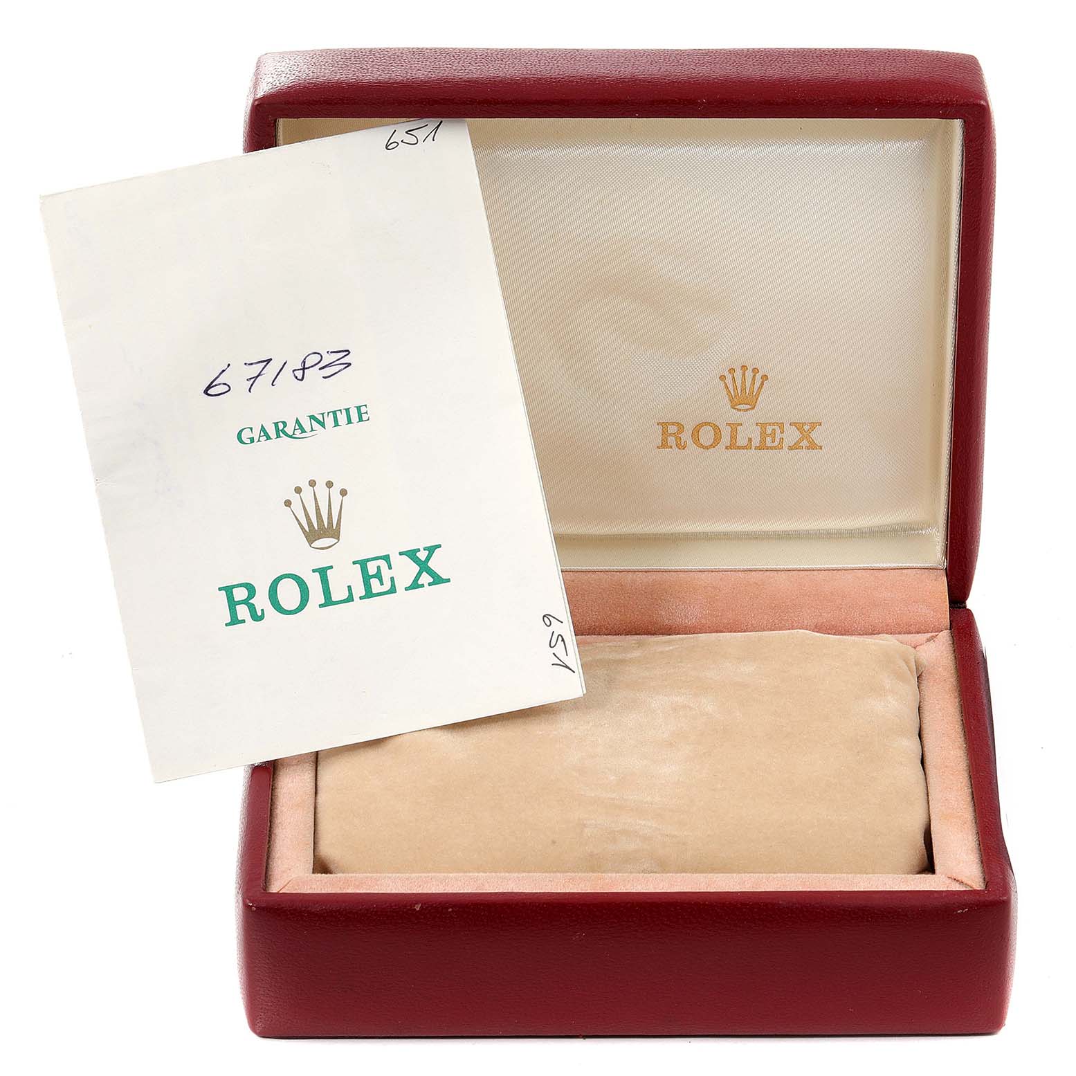 The image shows an angled view of a Rolex Oyster Perpetual 67183 Women
s Steel and Gold (two tone) Champagne Dial 67183 Women
s Steel and Gold (two tone) Champagne Dial watch box and warranty card.