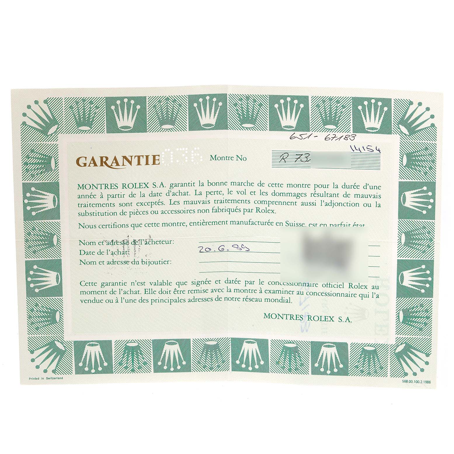 The image shows a warranty card for a Rolex Oyster Perpetual 67183 Women
s Steel and Gold (two tone) Champagne Dial 67183 Women
s Steel and Gold (two tone) Champagne Dial watch, including purchase details and dealer information.