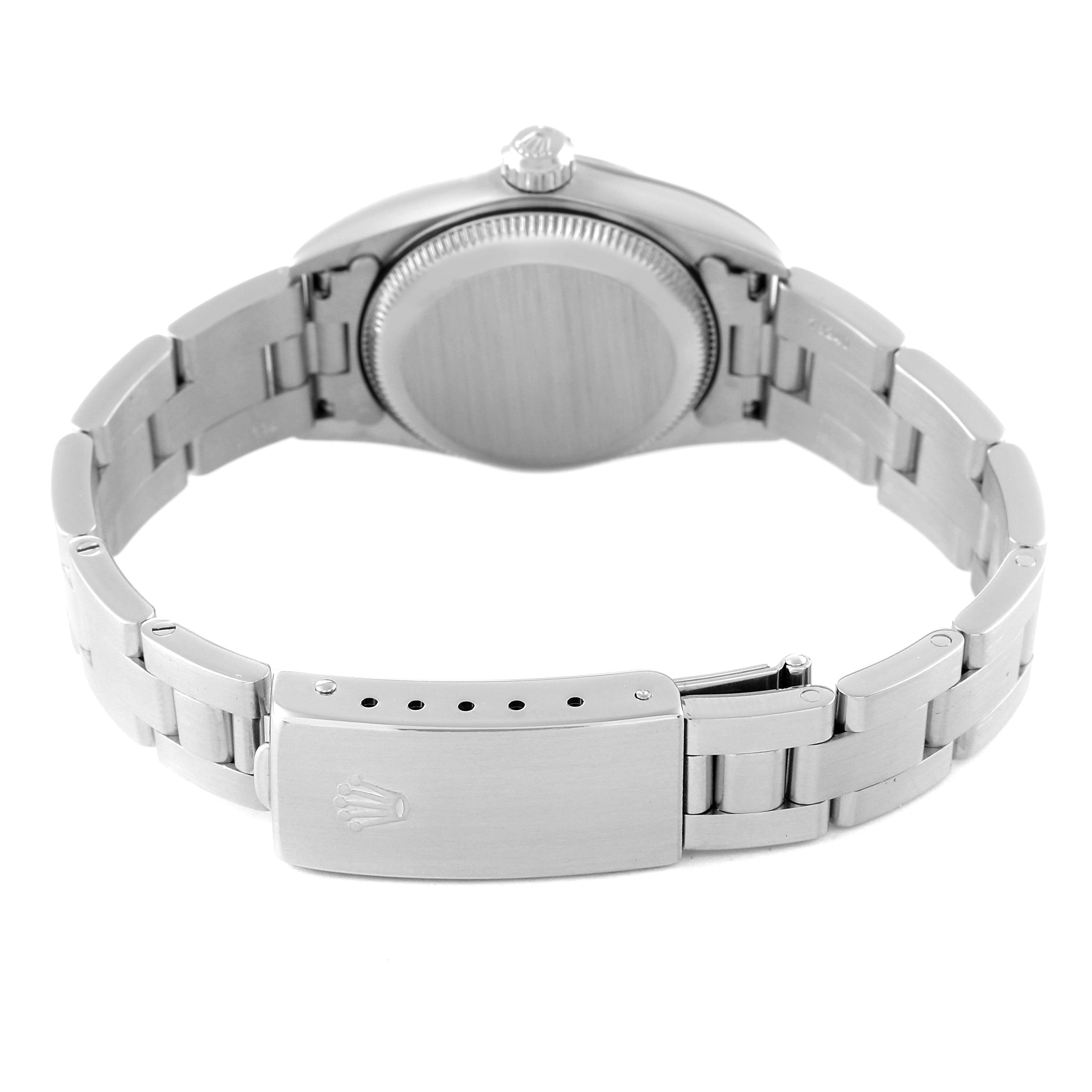 This image shows the back and clasp of a Rolex Oyster Perpetual 76030 Women's Stainless Steel Pink Dial 76030 Women's Stainless Steel Pink Dial watch, viewed from the reverse side.