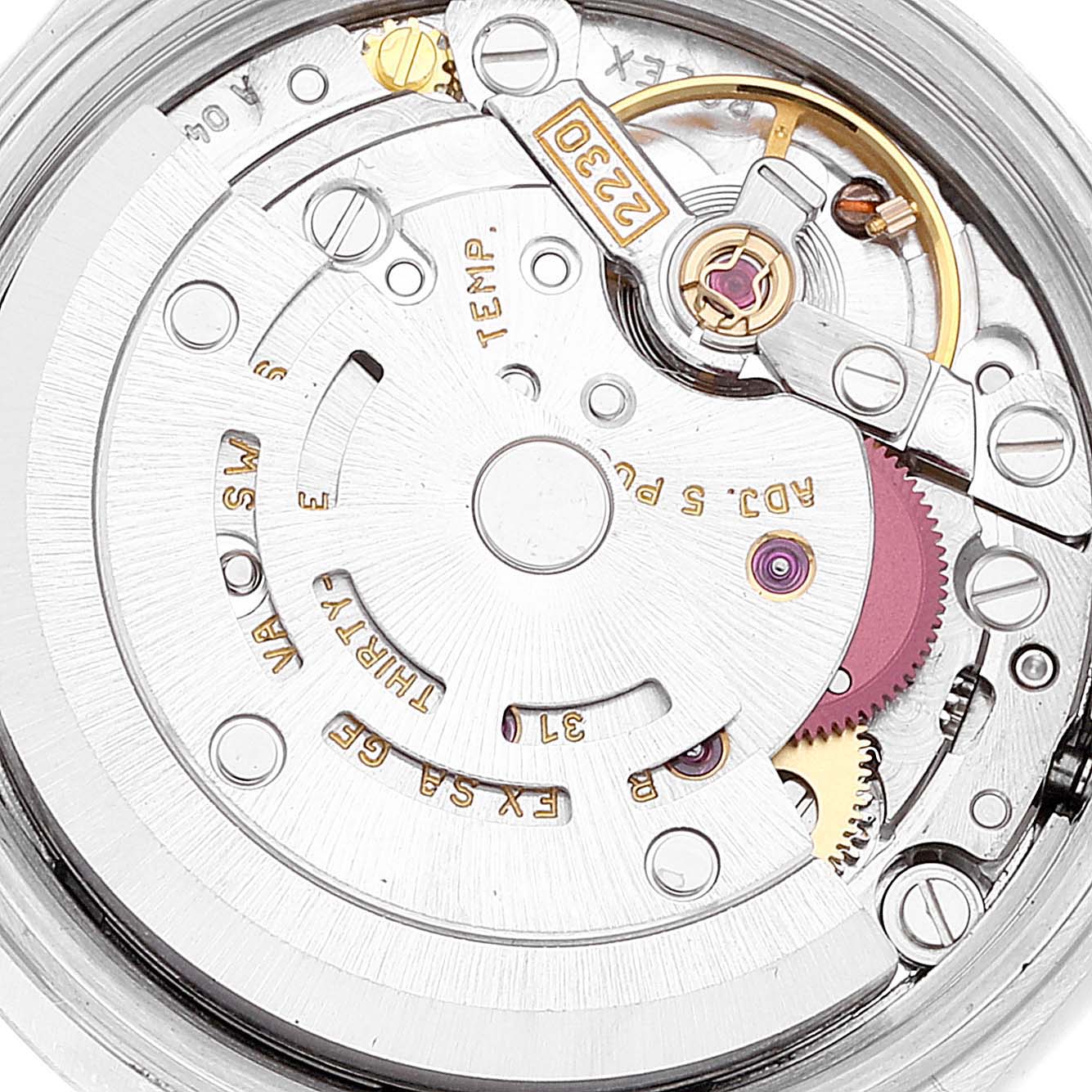 The image shows a close-up view of the internal movement mechanism of a Rolex Oyster Perpetual 76030 Women's Stainless Steel Pink Dial 76030 Women's Stainless Steel Pink Dial watch.