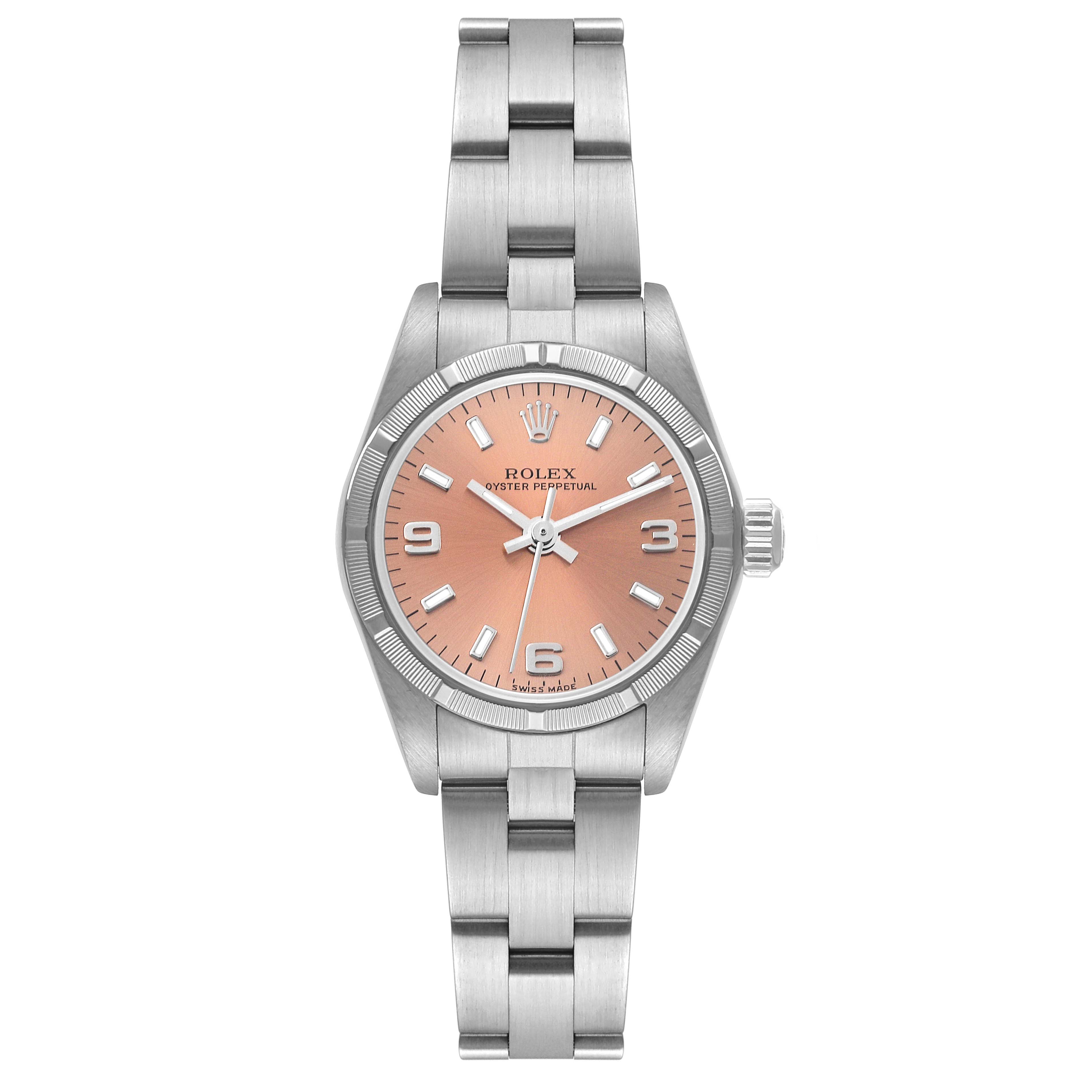 This is a front view of the Rolex Oyster Perpetual 76030 Women's Stainless Steel Pink Dial 76030 Women's Stainless Steel Pink Dial watch, showcasing the bracelet, case, and peach-colored dial.