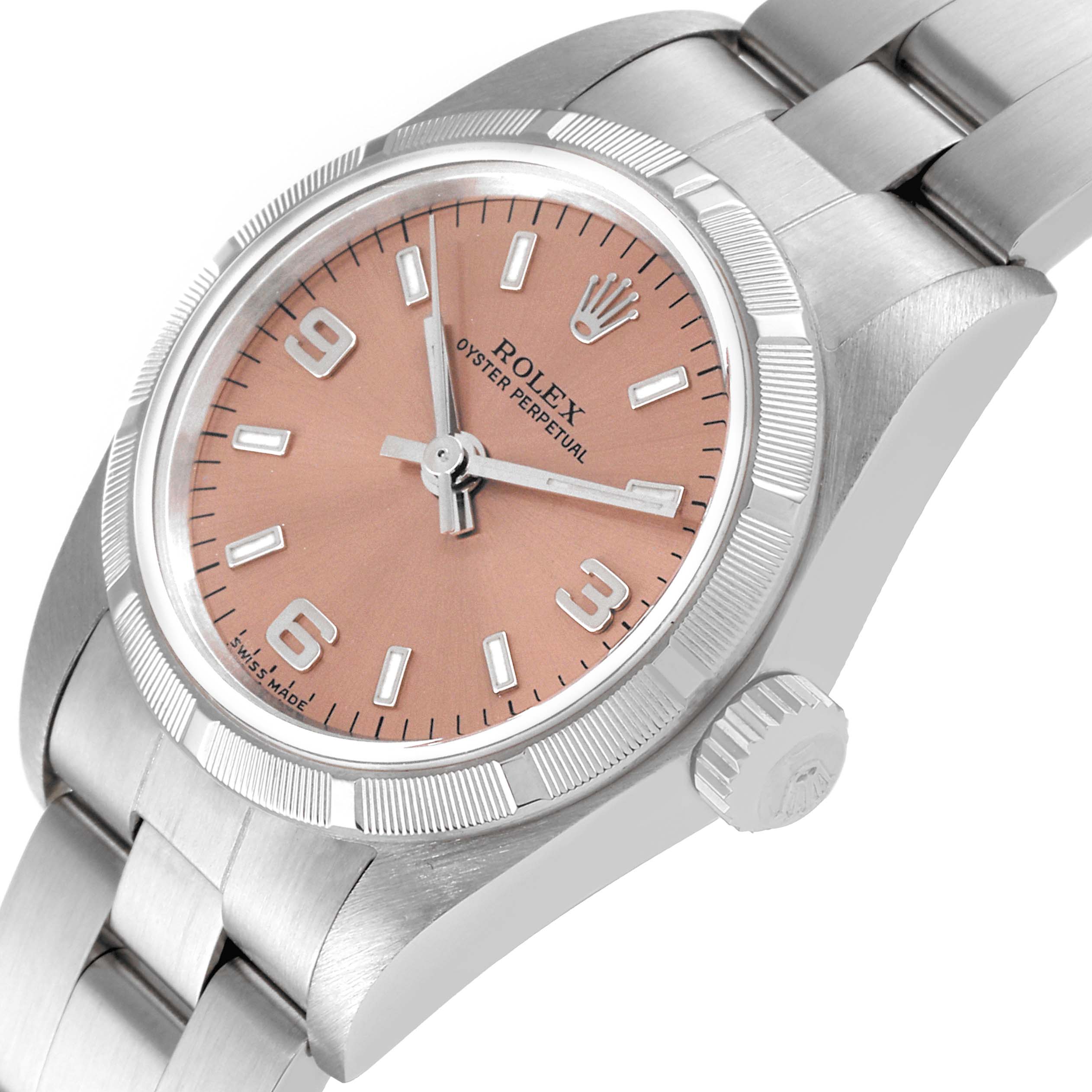 The Rolex Oyster Perpetual 76030 Women's Stainless Steel Pink Dial 76030 Women's Stainless Steel Pink Dial watch is shown at a slight angle, featuring the dial, crown, and part of the bracelet.