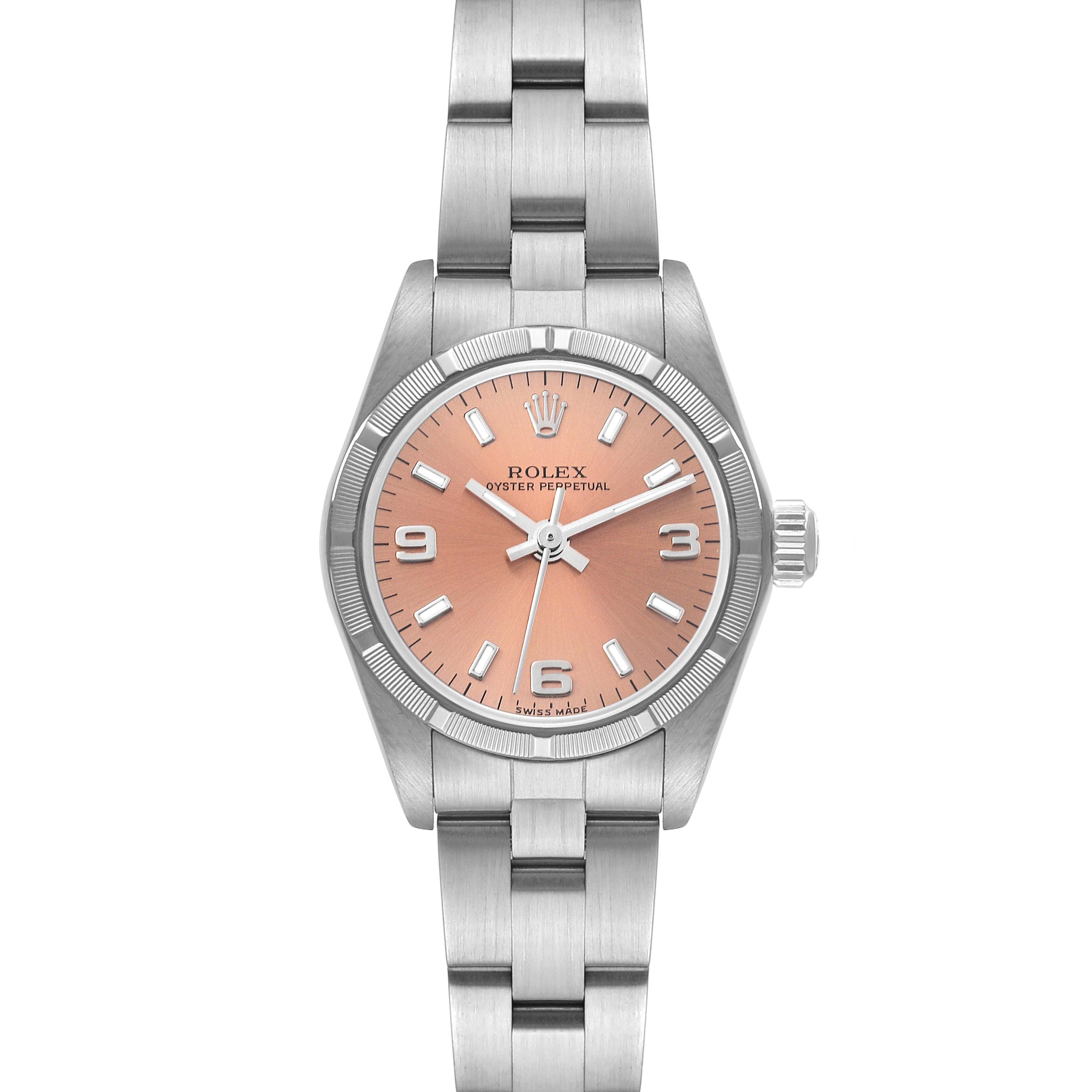 The image shows a front view of the Rolex Oyster Perpetual 76030 Women's Stainless Steel Pink Dial 76030 Women's Stainless Steel Pink Dial watch with a pink dial and a stainless steel bracelet.