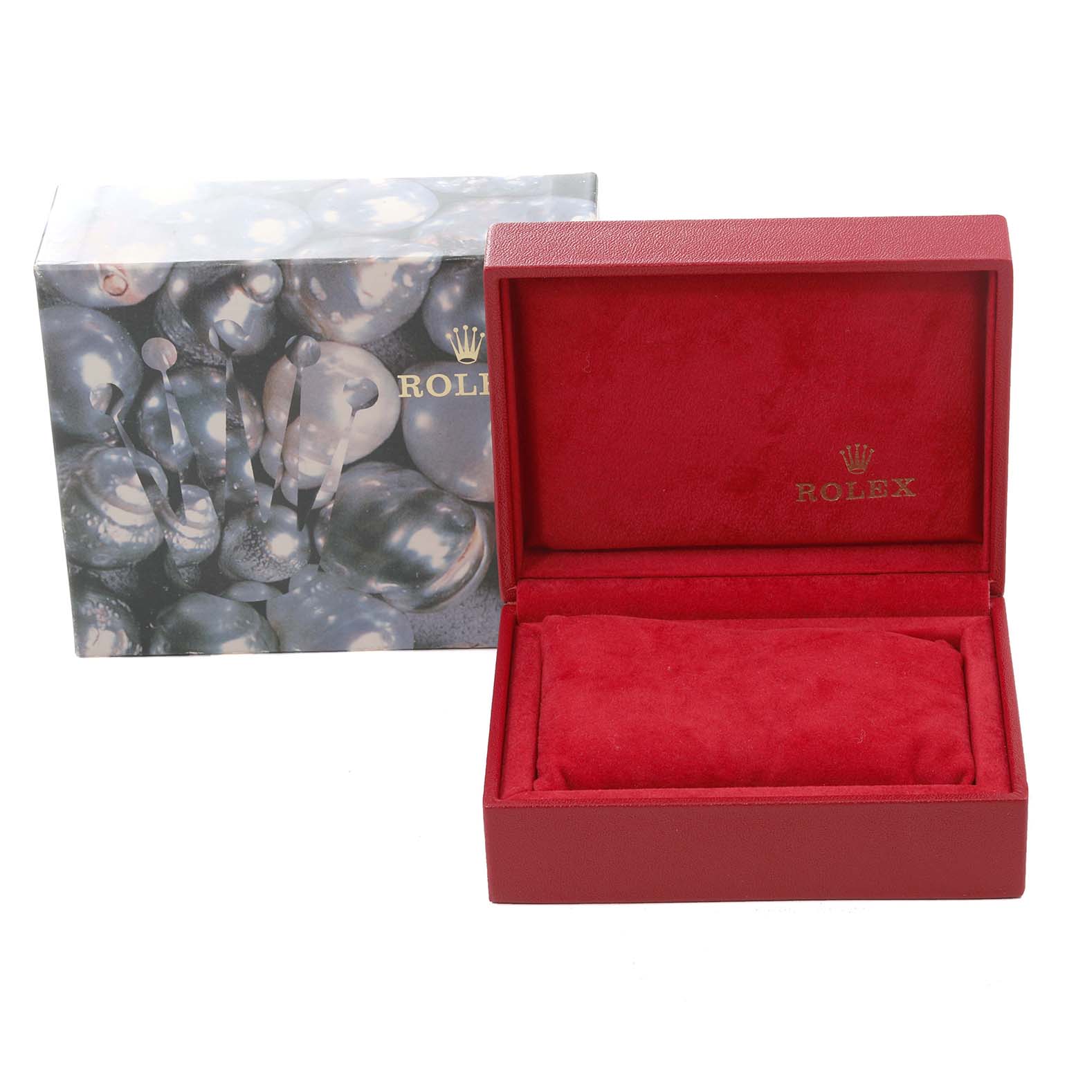 The image shows a Rolex Oyster Perpetual 76030 Women
s Stainless Steel Pink Dial 76030 Women
s Stainless Steel Pink Dial watch box and its outer packaging at a front angle.