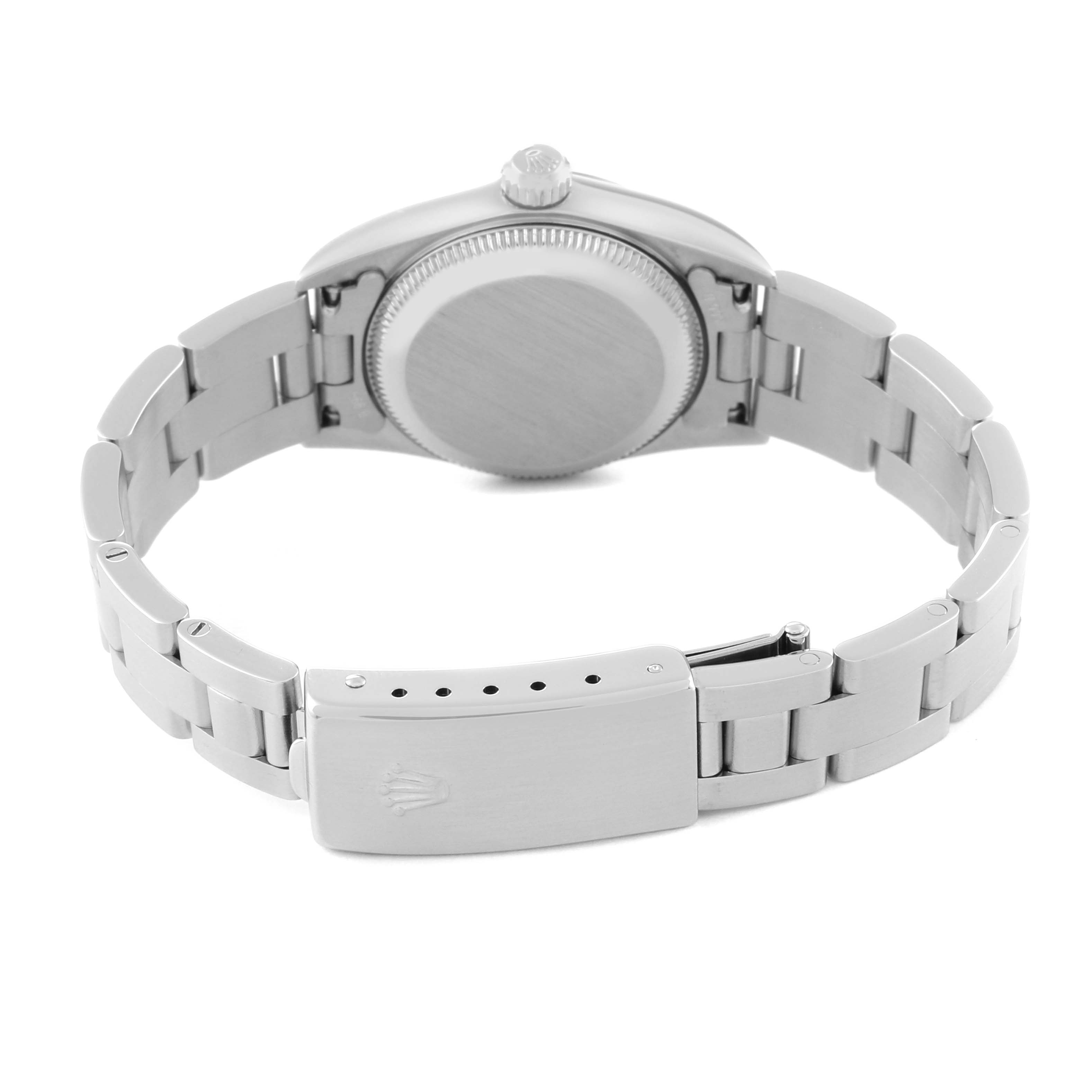 The image shows the back view of the Rolex Oyster Perpetual 76030 Women
s Stainless Steel Pink Dial 76030 Women
s Stainless Steel Pink Dial watch, highlighting the case back, crown, and the clasp of the bracelet.