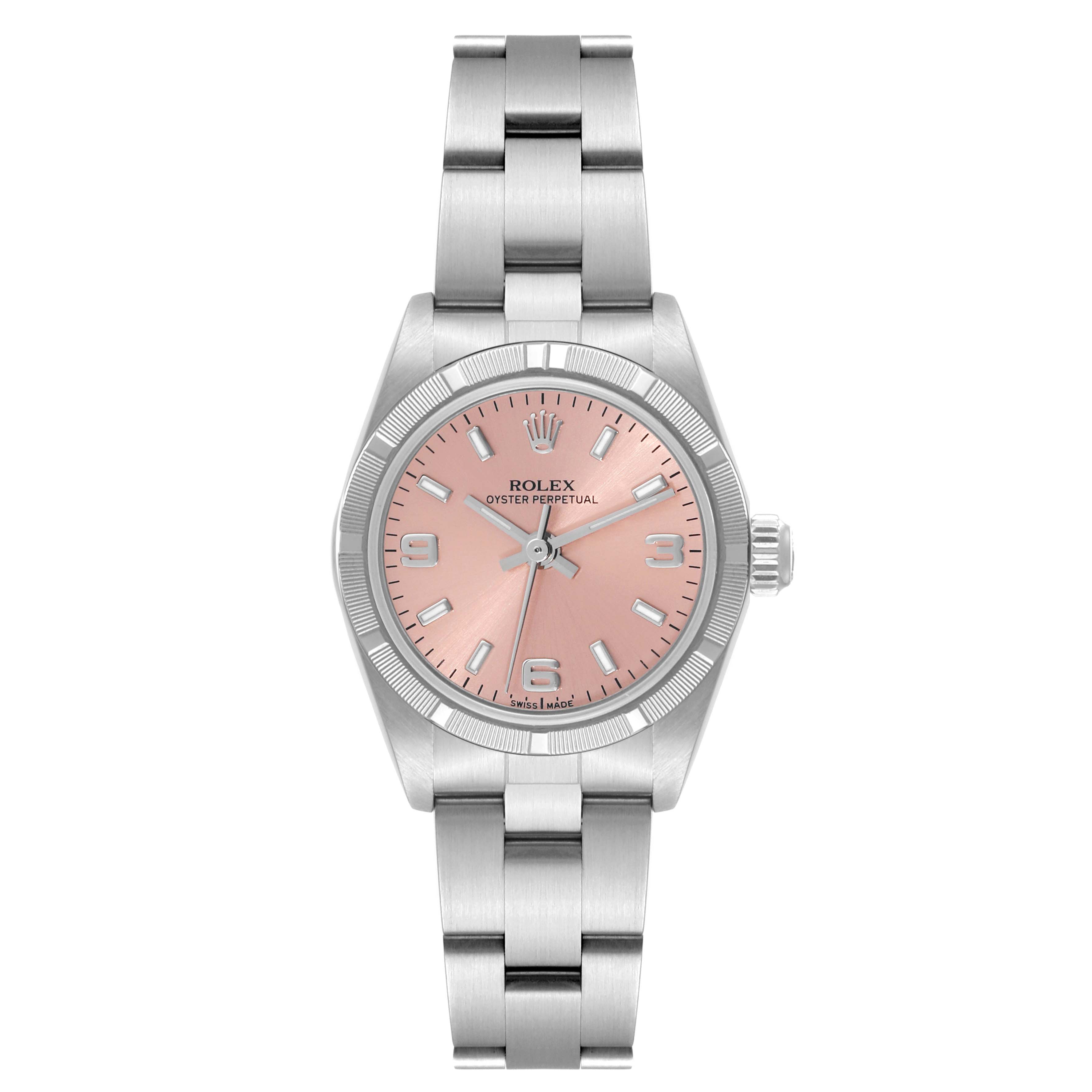 This image shows a front view of the Rolex Oyster Perpetual 76030 Women
s Stainless Steel Pink Dial 76030 Women
s Stainless Steel Pink Dial watch, displaying its bracelet, case, and pink dial.