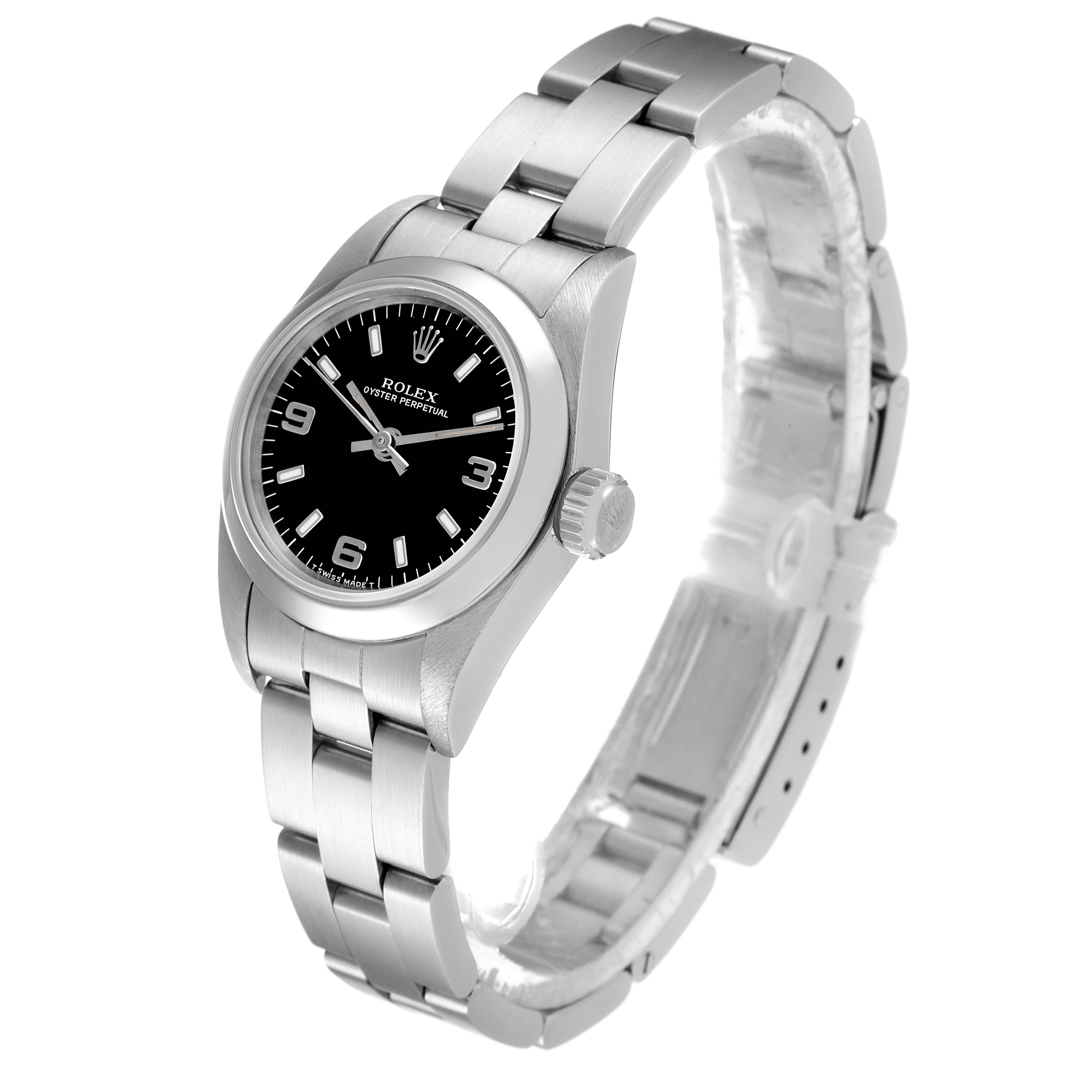 This image shows a front angled view of a Rolex Oyster Perpetual 67180 Women's Stainless Steel Black Dial 67180 Women's Stainless Steel Black Dial watch, highlighting its black dial, bezel, crown, and stainless steel bracelet.