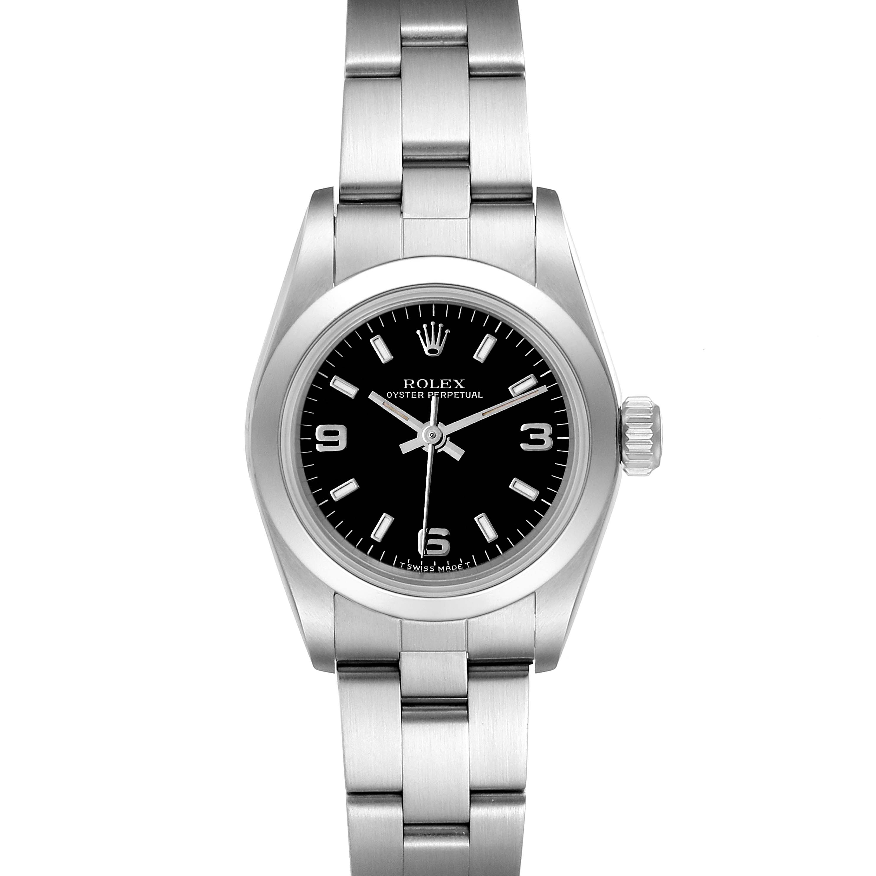The Rolex Oyster Perpetual 67180 Women's Stainless Steel Black Dial 67180 Women's Stainless Steel Black Dial watch is shown from a top-down view, highlighting the face, bezel, and bracelet.