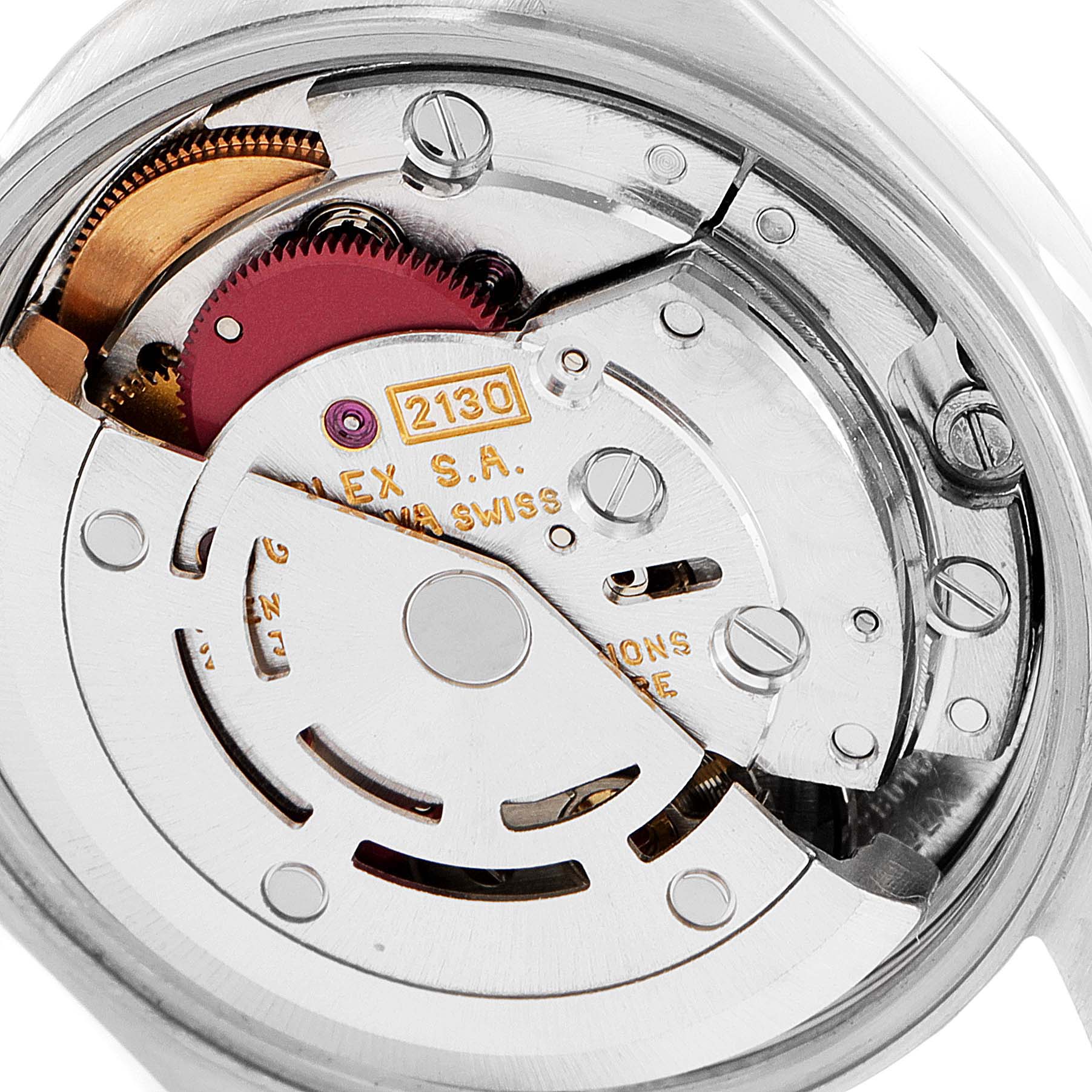 The image shows a close-up view of the Rolex Oyster Perpetual 67180 Women's Stainless Steel Black Dial 67180 Women's Stainless Steel Black Dial watch's automatic movement mechanism.