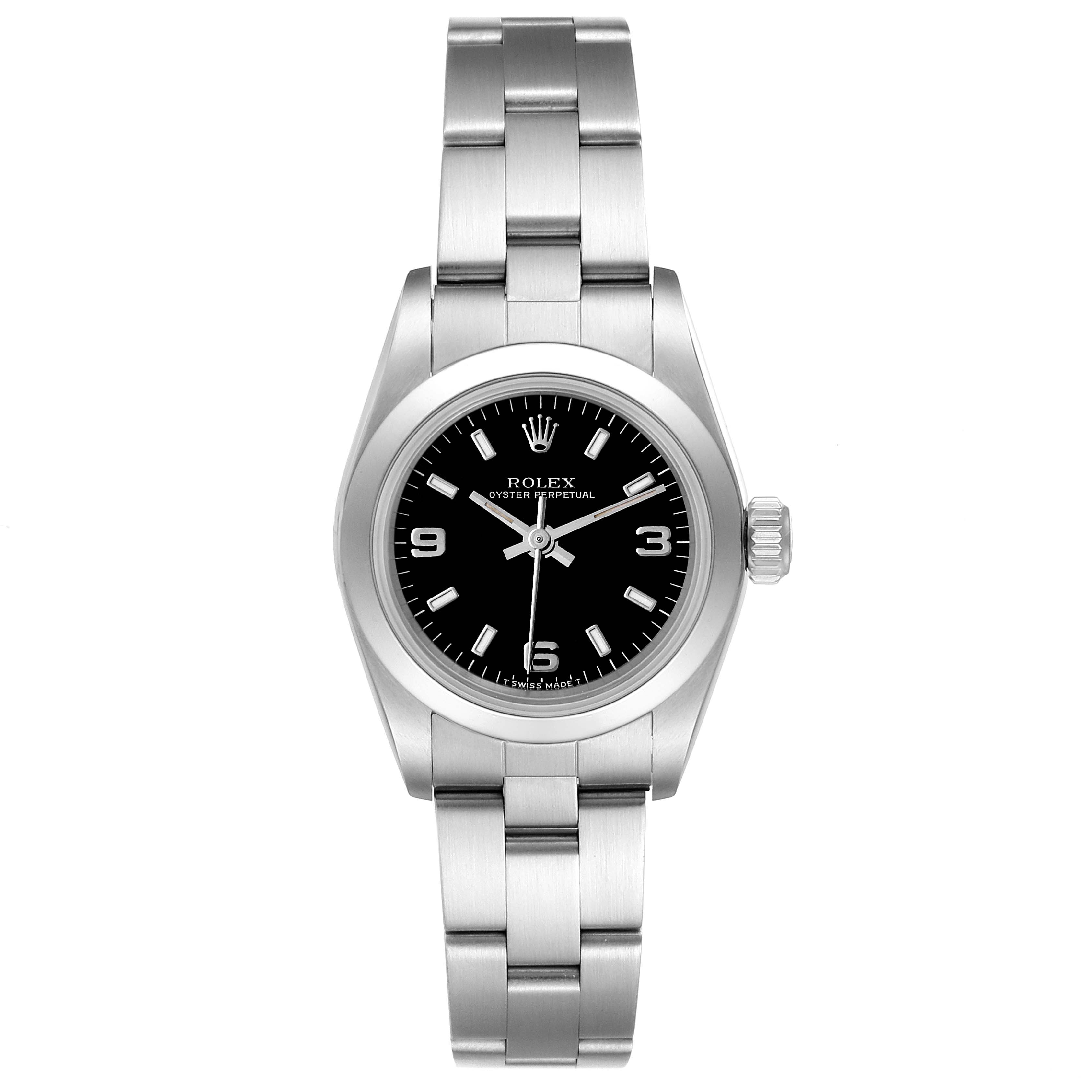 The image shows a front view of a Rolex Oyster Perpetual 67180 Women's Stainless Steel Black Dial 67180 Women's Stainless Steel Black Dial watch, displaying its face, case, and bracelet.