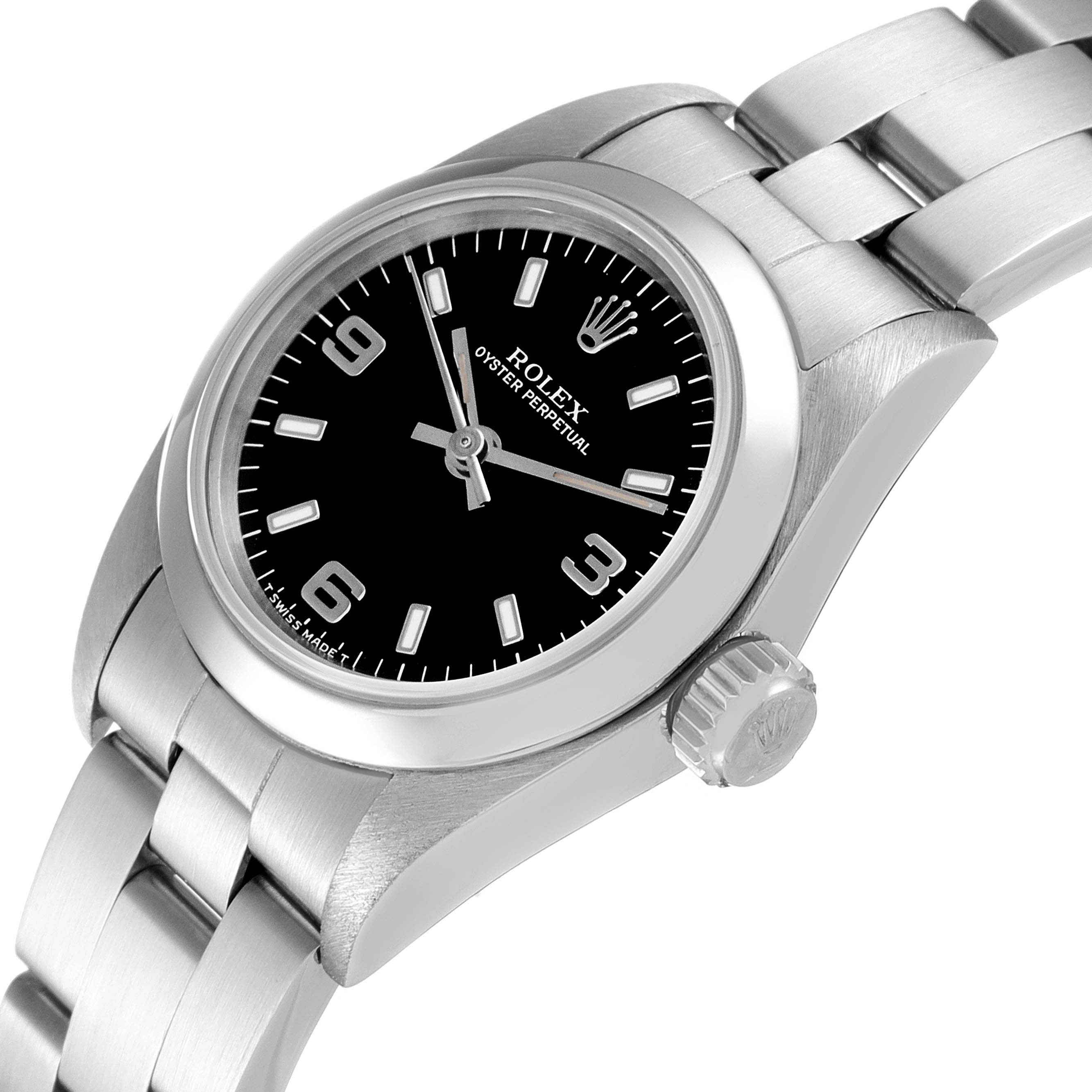 This image shows a Rolex Oyster Perpetual 67180 Women's Stainless Steel Black Dial 67180 Women's Stainless Steel Black Dial watch at an angled close-up highlighting the face, crown, and bracelet.