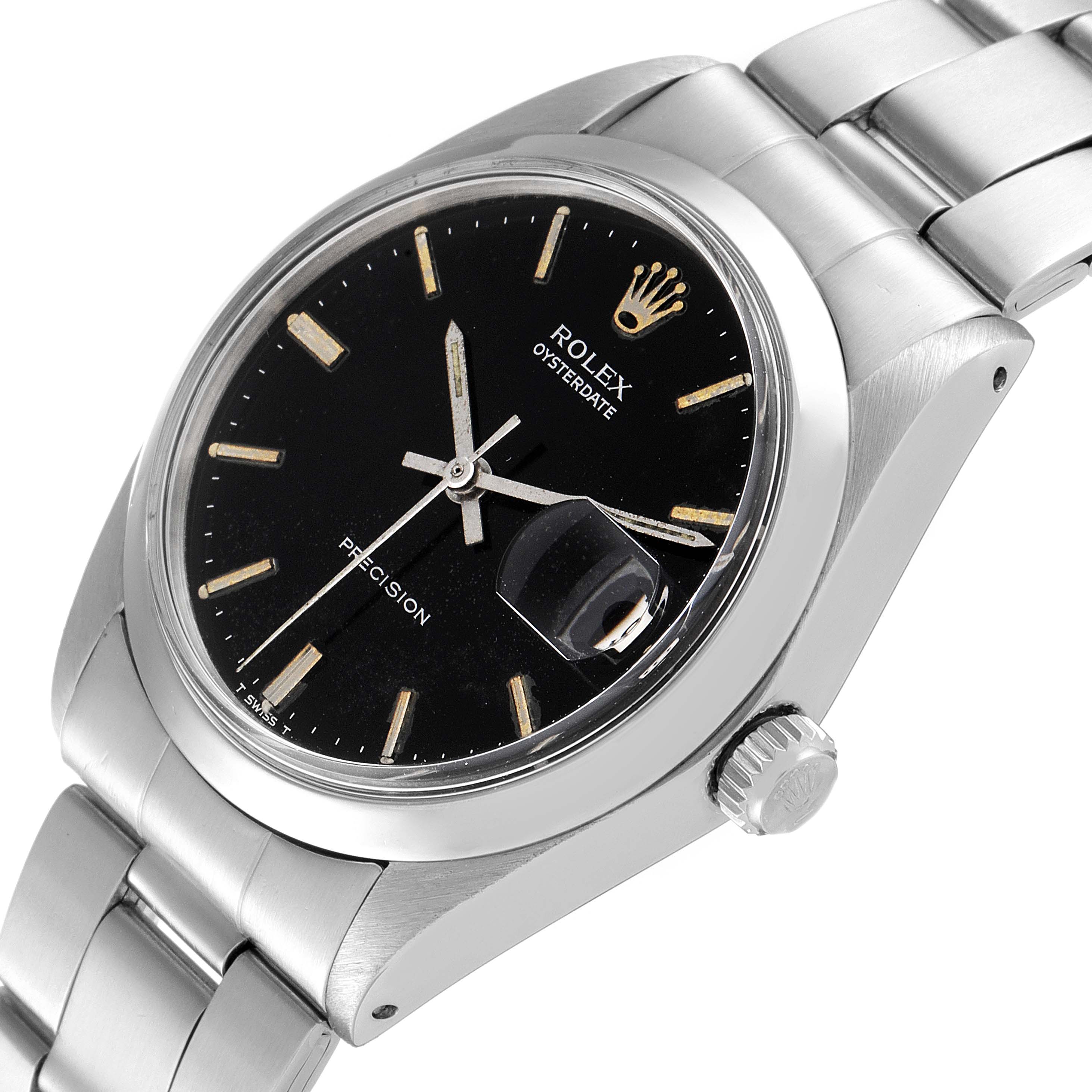 This image shows a side angle of the Rolex Vintage Collection 6694 Men's Stainless Steel Black Dial 6694 Men's Stainless Steel Black Dial watch, highlighting its black dial, crown, and stainless steel bracelet.