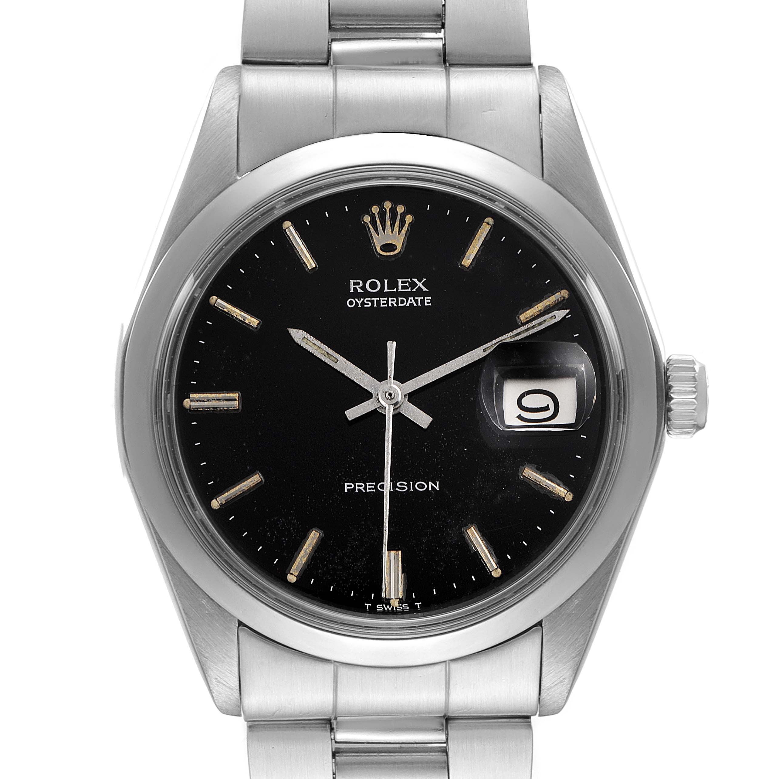 This image shows a front view of the Rolex Vintage Collection 6694 Men's Stainless Steel Black Dial 6694 Men's Stainless Steel Black Dial Oysterdate watch with a black dial and stainless steel bracelet.