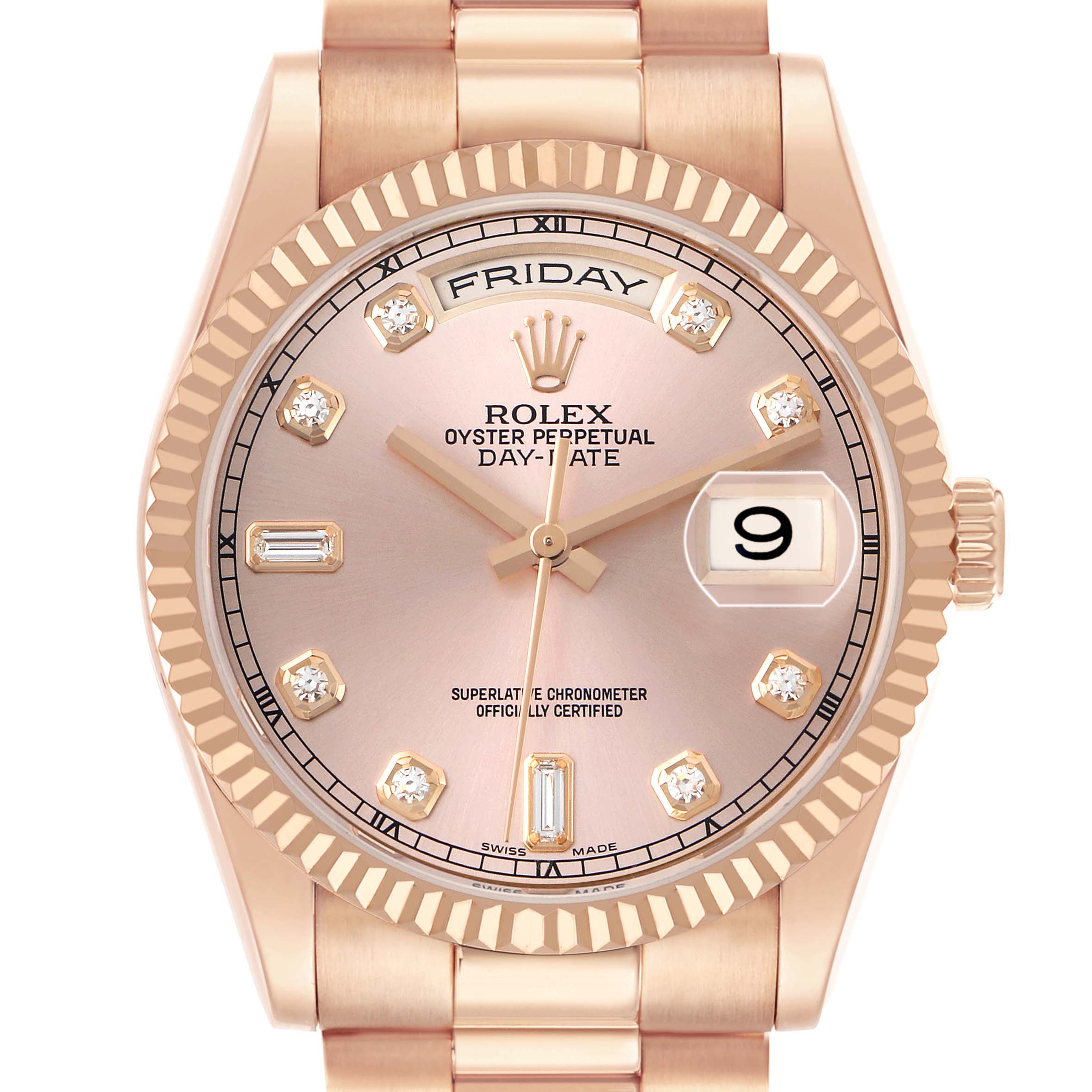 The Rolex President 118235 Men's Rose Gold Pink Dial model is shown from the front, highlighting the dial, bezel, day-date display, and part of the bracelet.